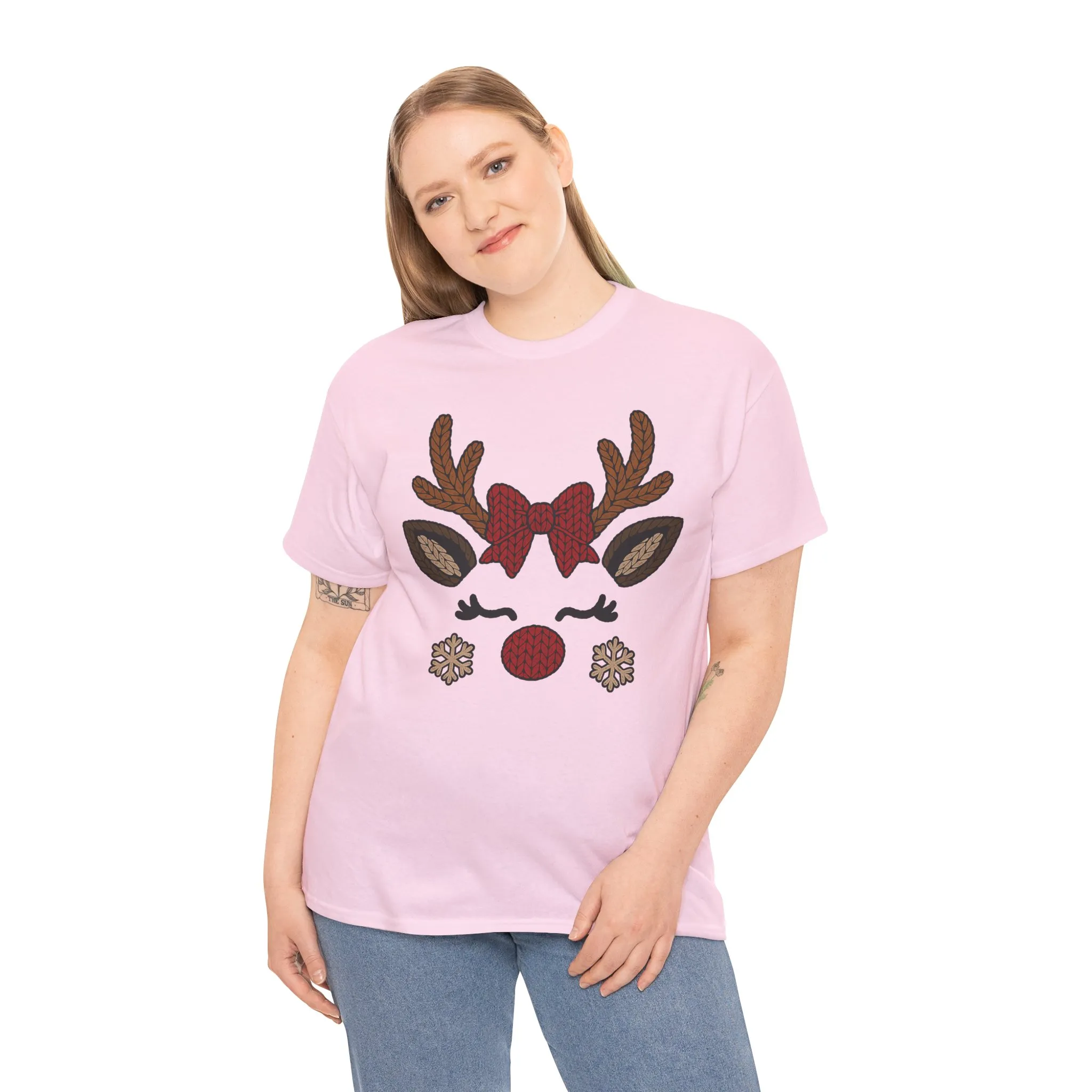 Women's Reindeer Face Christmas T-Shirt, Cute Knitted Holiday Tee, Mother-Daughter Matching Outfit - Image 21