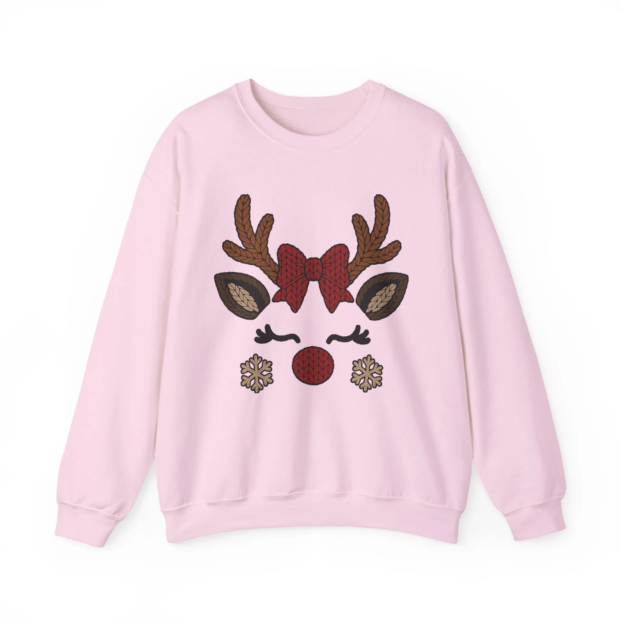 Women's Reindeer Face Christmas Sweatshirt, Cute Knitted Bow Reindeer Design, Mother-Daughter Matching Holiday Outfit - Image 19