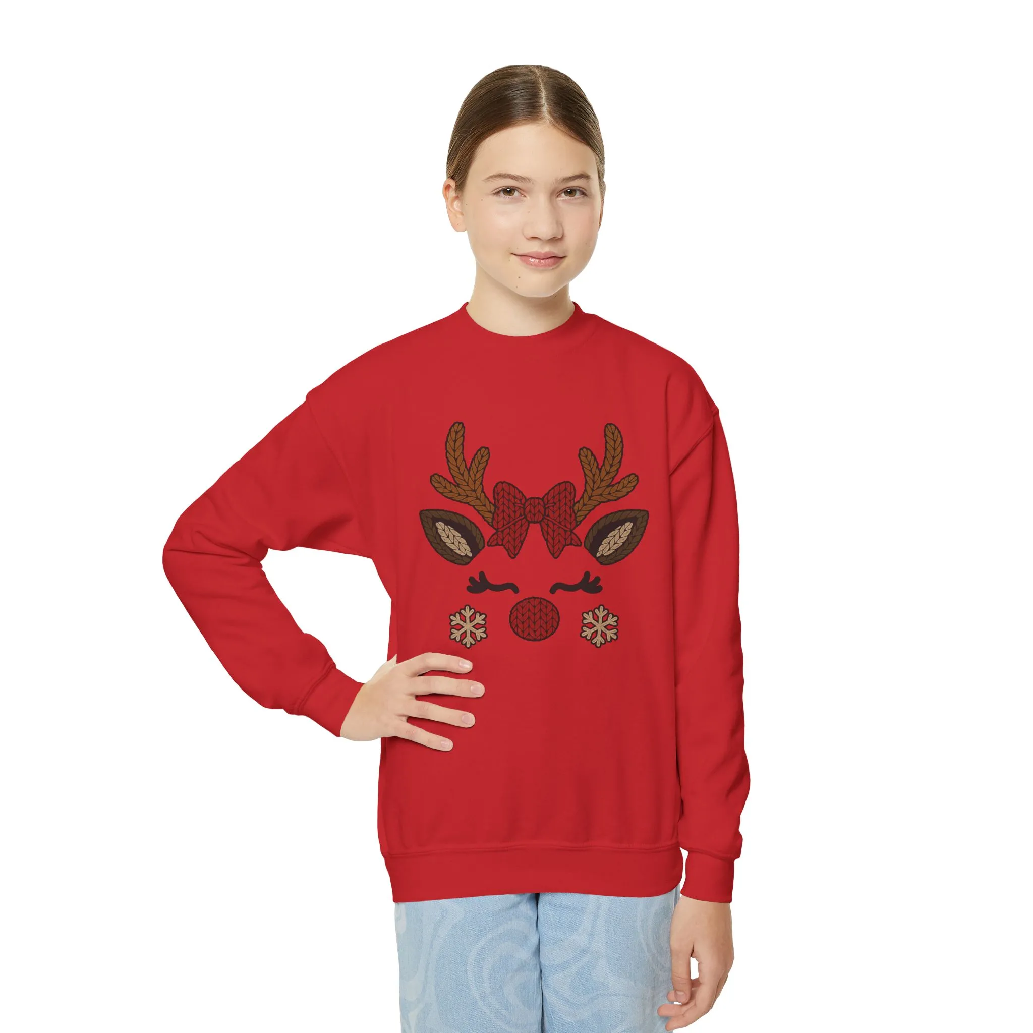 Girls Reindeer Face Christmas Sweatshirt, Cute Knitted Holiday Pullover, Mother-Daughter Matching Outfit - Image 12