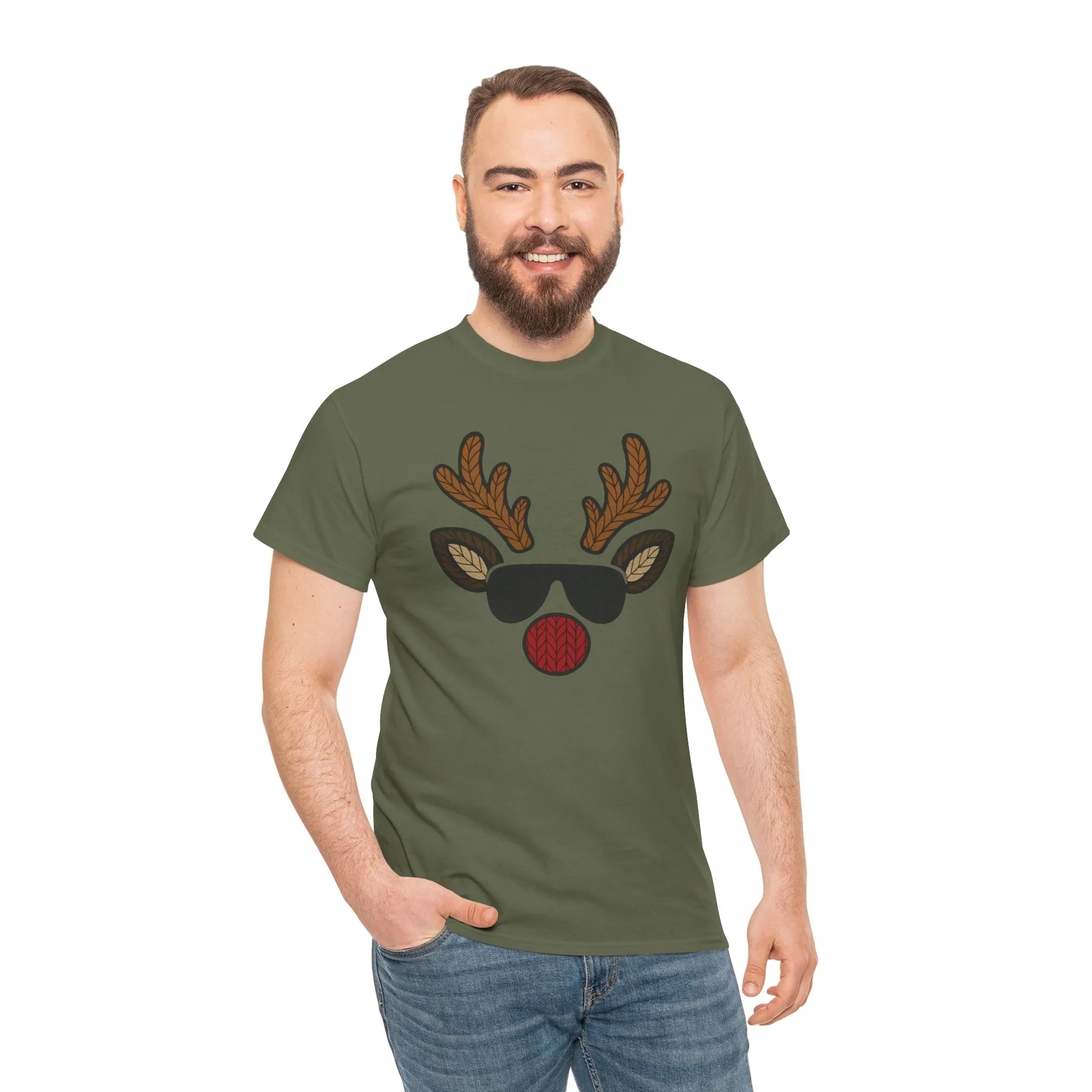 Men's Reindeer Face Christmas T-Shirt, Classic Holiday Tee, Father-Son Matching Outfit - Image 11