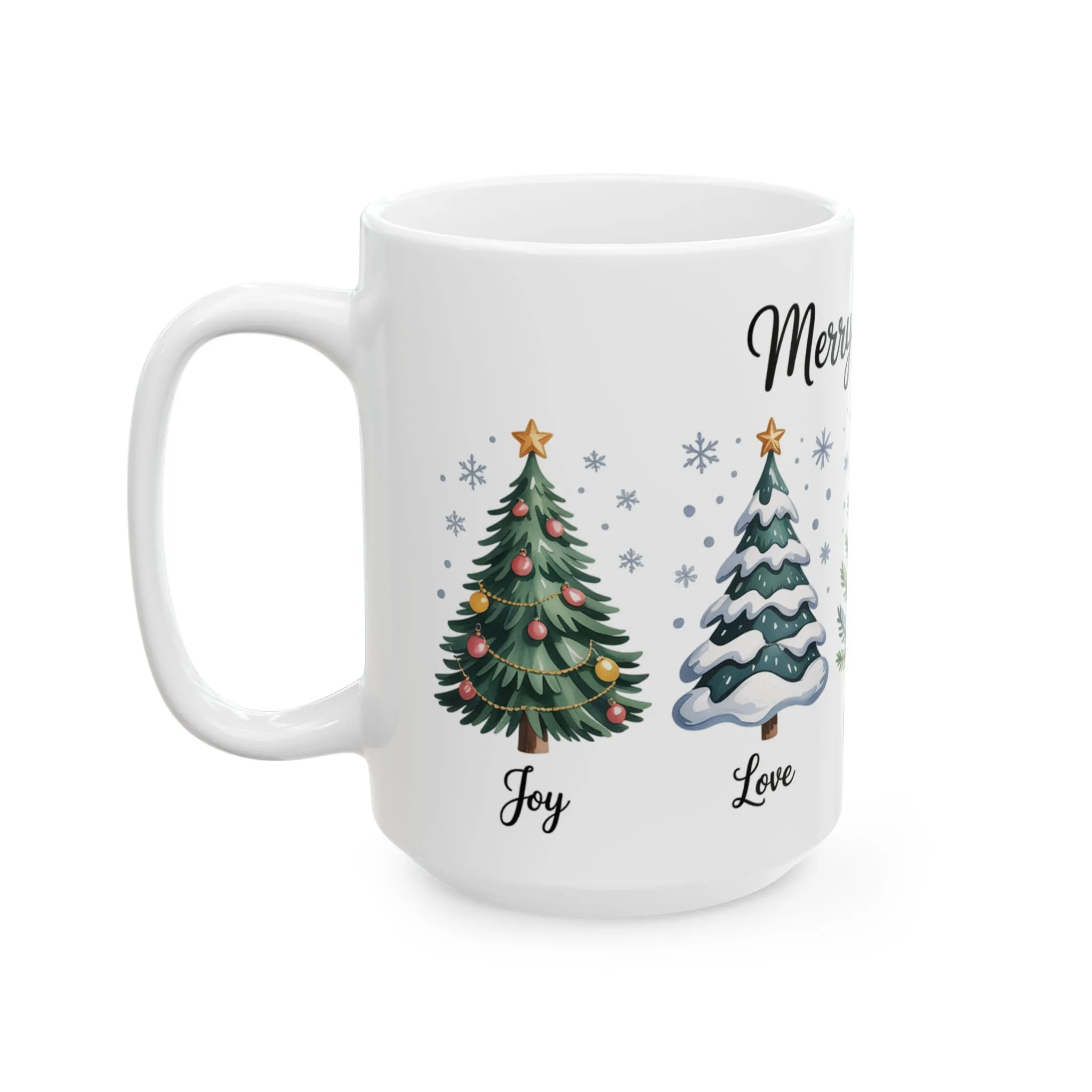 Merry Christmas Mug, Joy Love Peace Hope Magic Cup, Inspirational Holiday Gift, Christmas Tree Coffee Mug, Ceramic Mug (15oz) - Image 3