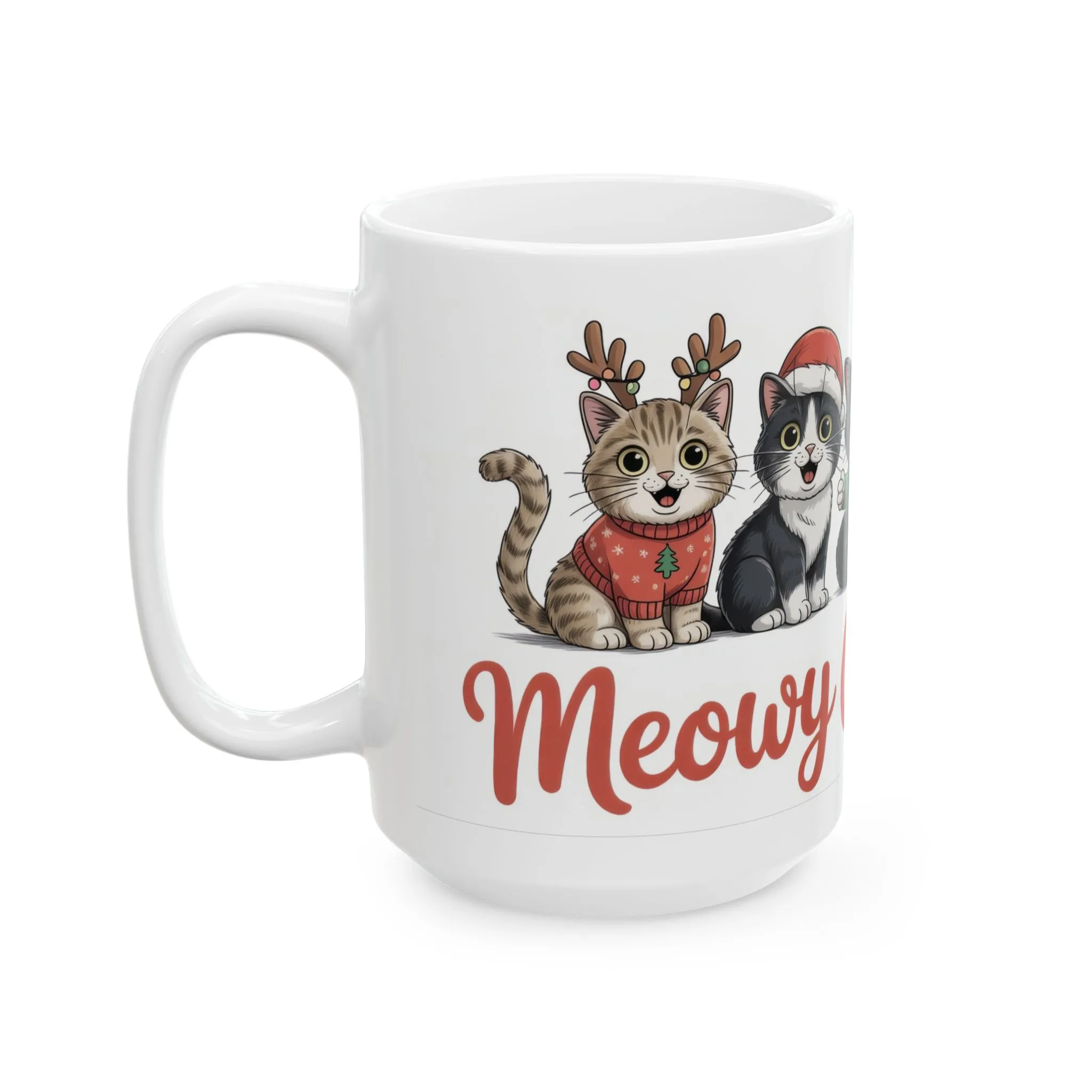 Meowy Christmas Mug, Cute Cat Lover Holiday Cup, Funny Festive Coffee Mug, Gift for Cat Moms - Dads, Ceramic Mug, (15oz) - Image 3