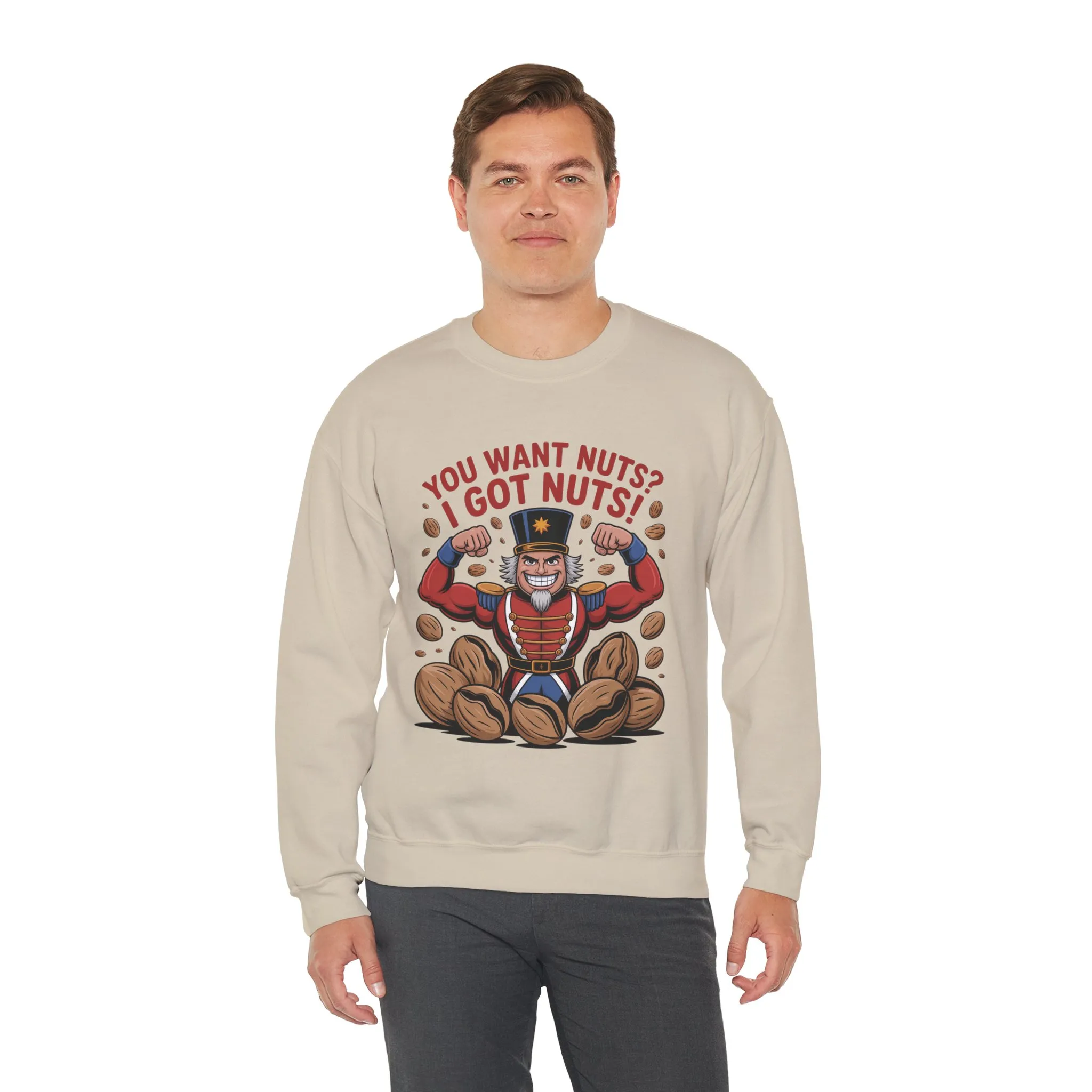 You Want Nuts? Got Nuts! Men's Sweatshirt, Funny Nutcracker Christmas Sweater, Holiday Gift for Him - Image 3