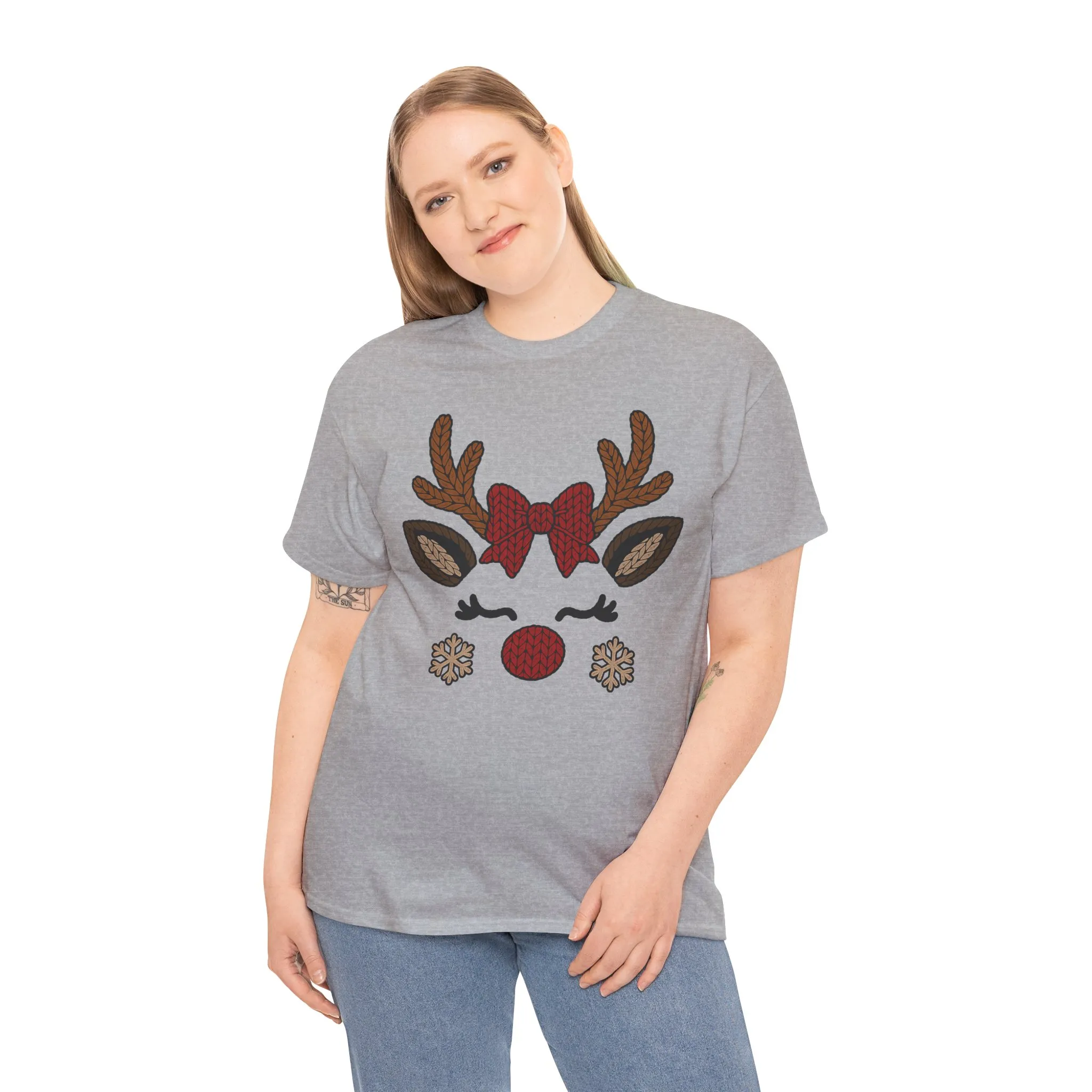 Women's Reindeer Face Christmas T-Shirt, Cute Knitted Holiday Tee, Mother-Daughter Matching Outfit - Image 9