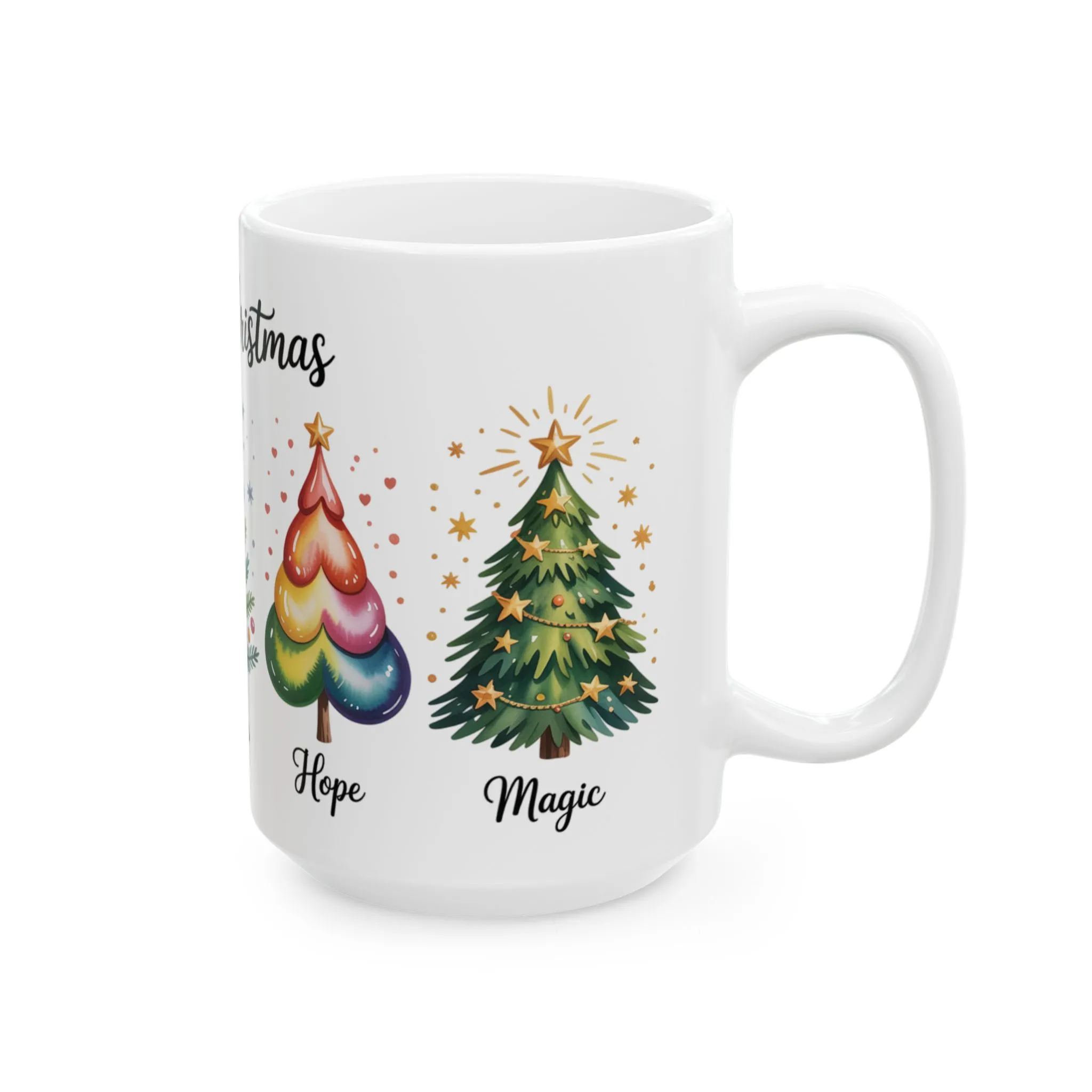 Merry Christmas Mug, Joy Love Peace Hope Magic Cup, Inspirational Holiday Gift, Christmas Tree Coffee Mug, Ceramic Mug (15oz) - Image 4
