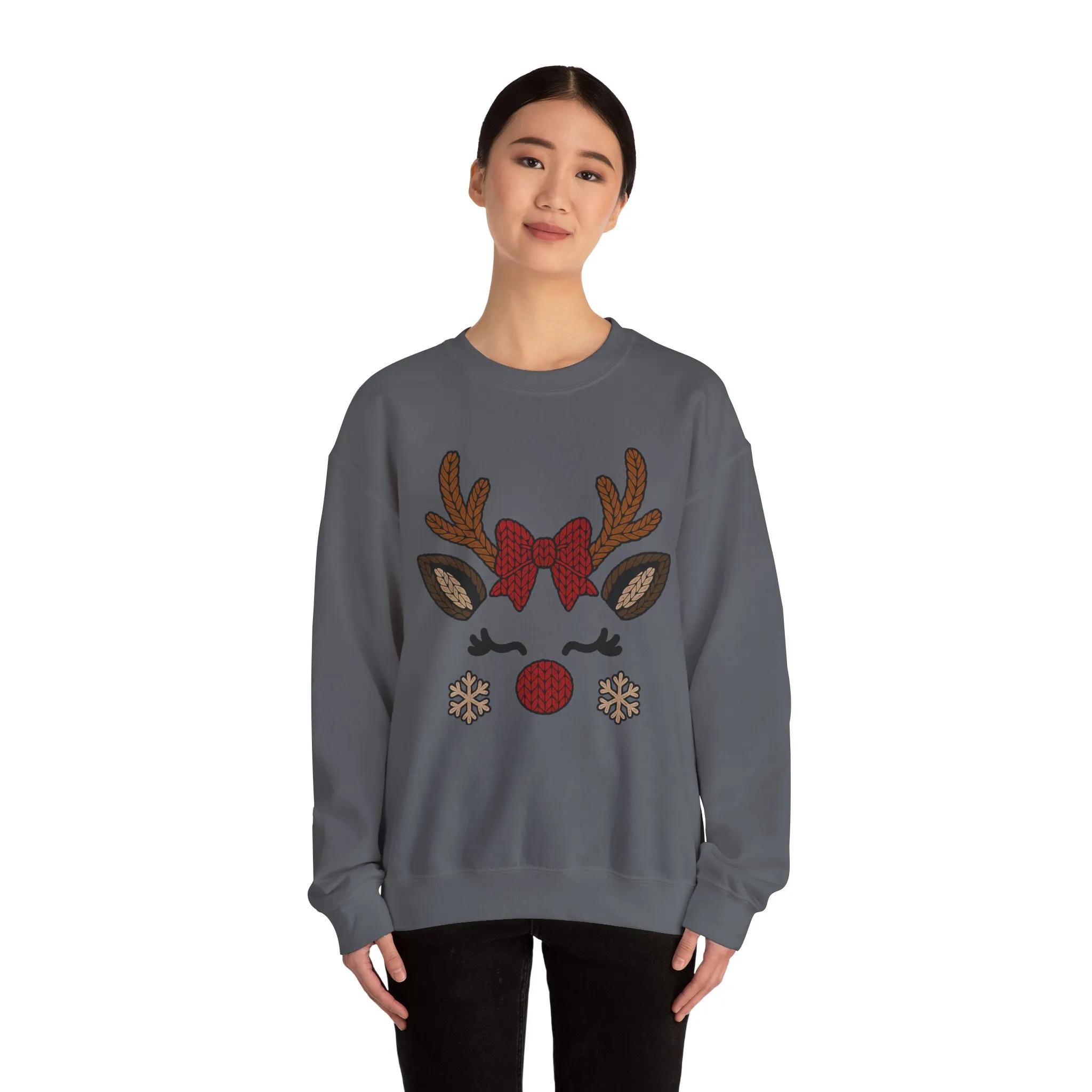 Women's Reindeer Face Christmas Sweatshirt, Cute Knitted Bow Reindeer Design, Mother-Daughter Matching Holiday Outfit - Image 14