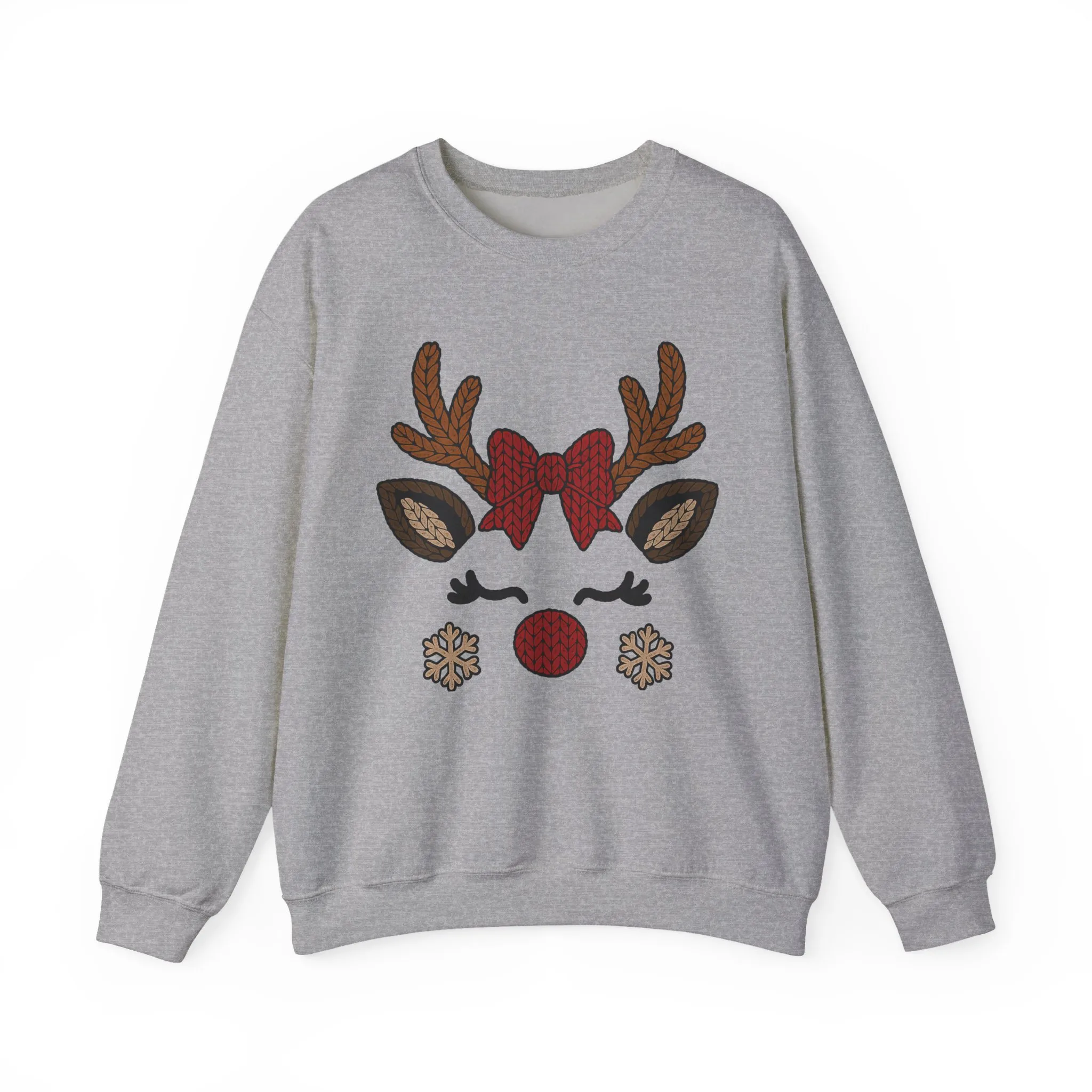 Women's Reindeer Face Christmas Sweatshirt, Cute Knitted Bow Reindeer Design, Mother-Daughter Matching Holiday Outfit - Image 7