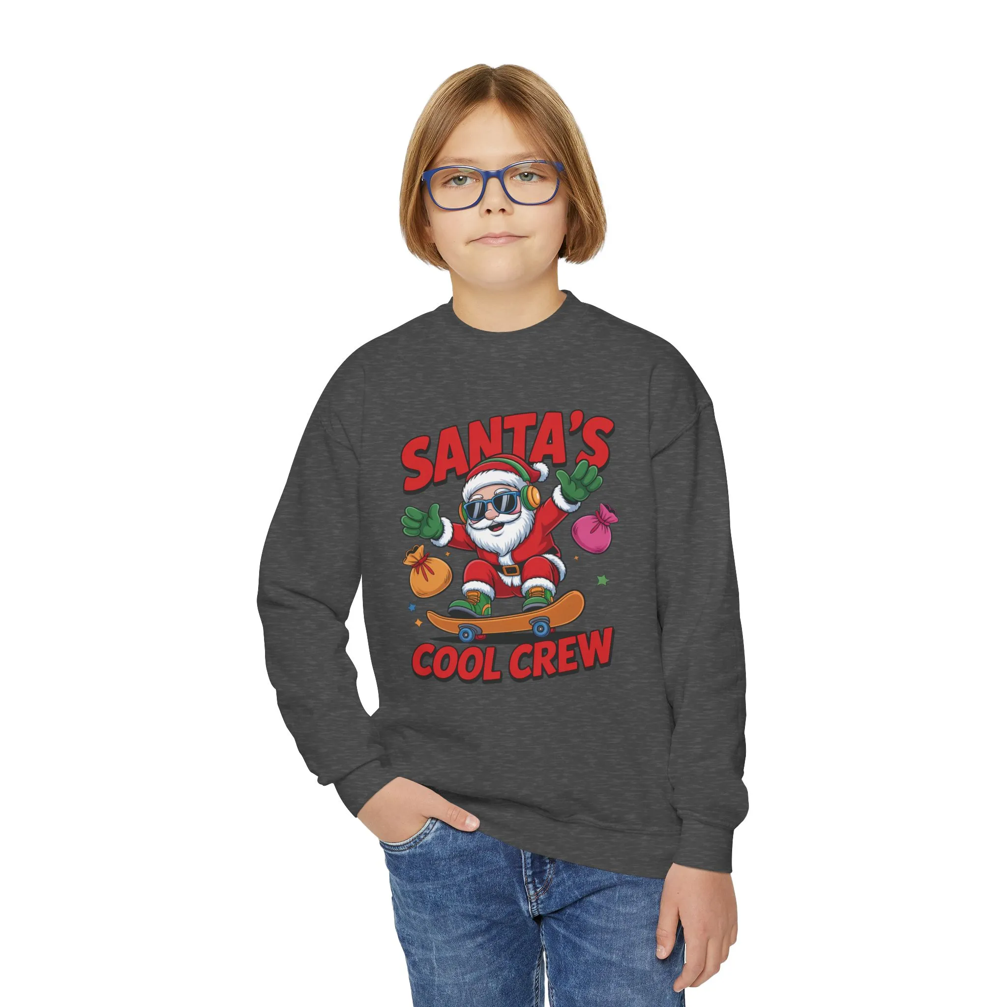 Santa's Cool Crew Youth Sweatshirt, Funny Santa Skateboard Christmas Pullover for Boys, Youth Crewneck Sweatshirt - Image 11
