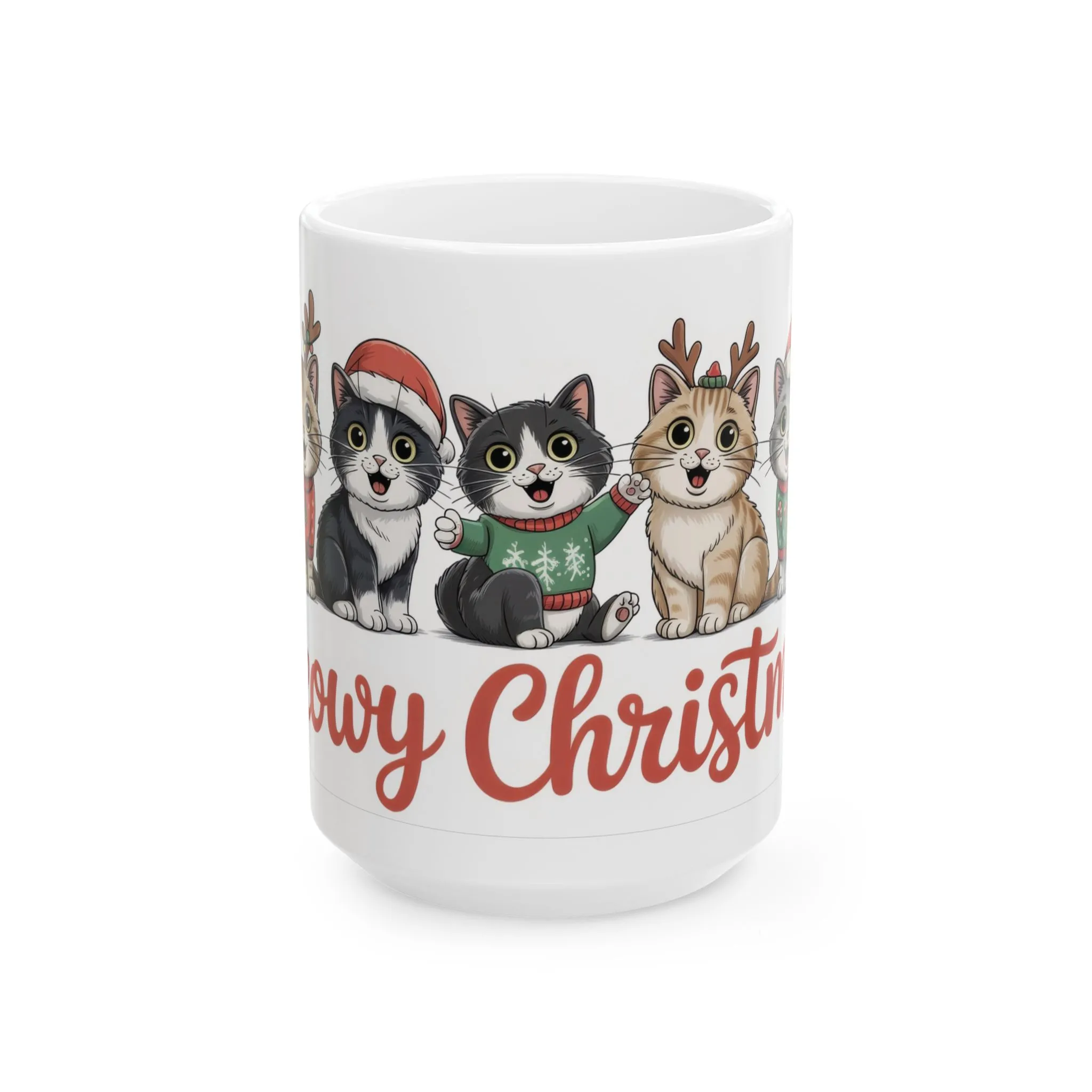 Meowy Christmas Mug, Cute Cat Lover Holiday Cup, Funny Festive Coffee Mug, Gift for Cat Moms - Dads, Ceramic Mug, (15oz)