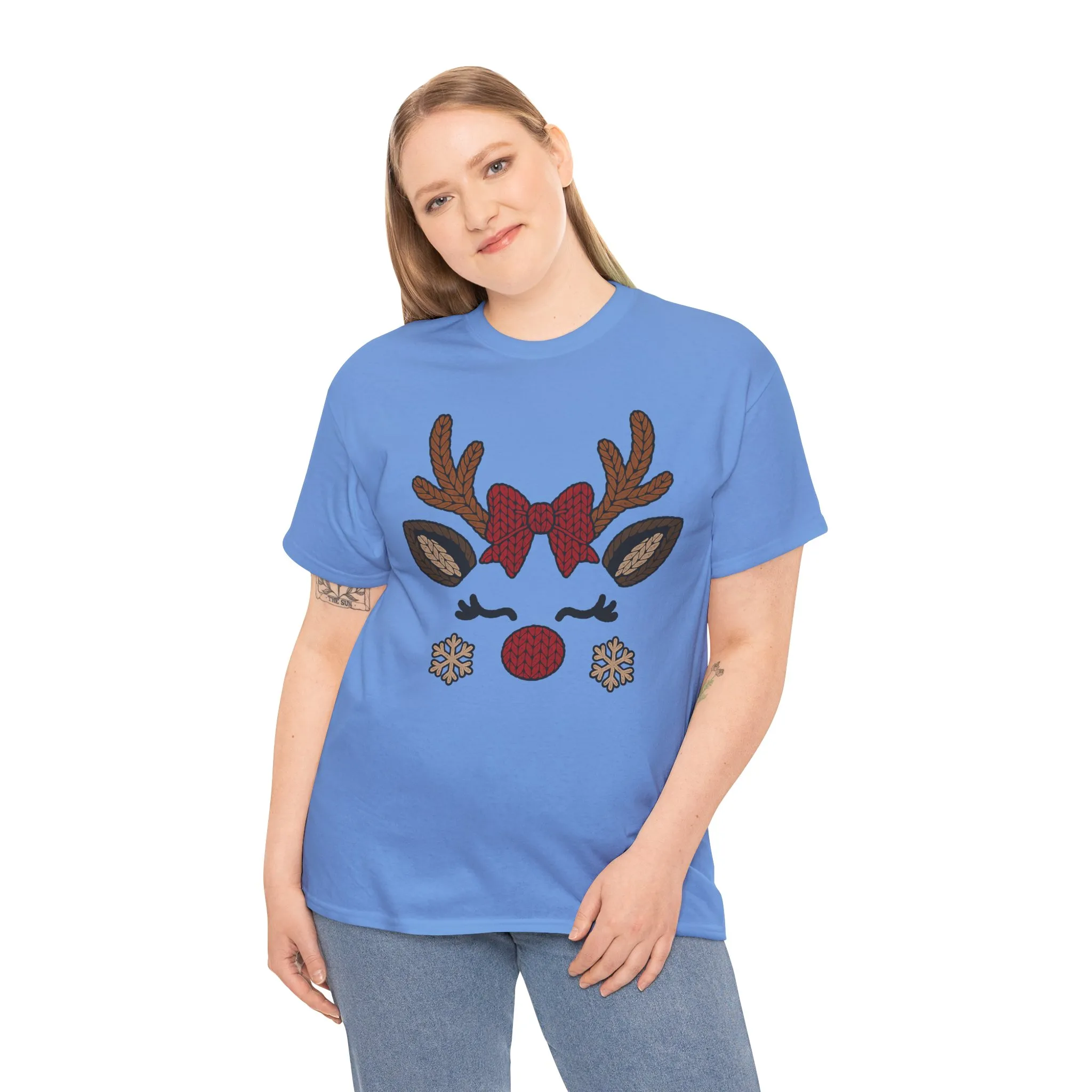Women's Reindeer Face Christmas T-Shirt, Cute Knitted Holiday Tee, Mother-Daughter Matching Outfit - Image 15