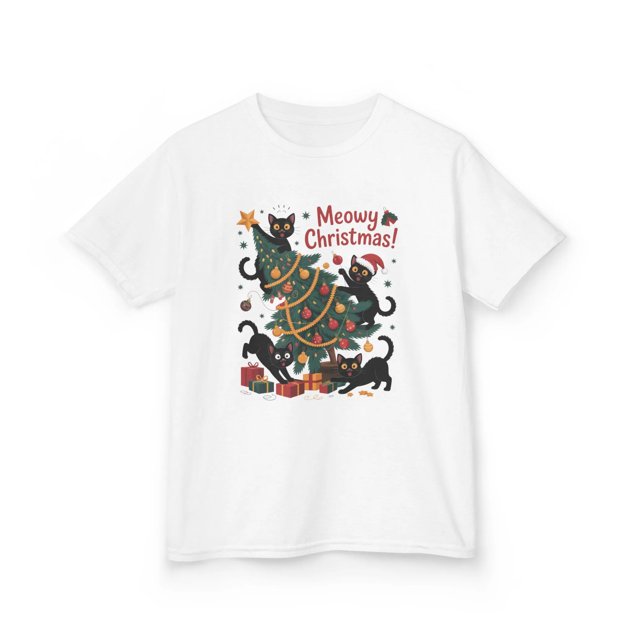 Kids Funny Cat Christmas Tree T-Shirt, Cute Black Cats Holiday Tee, Christmas Cat Chaos Shirt for Girls