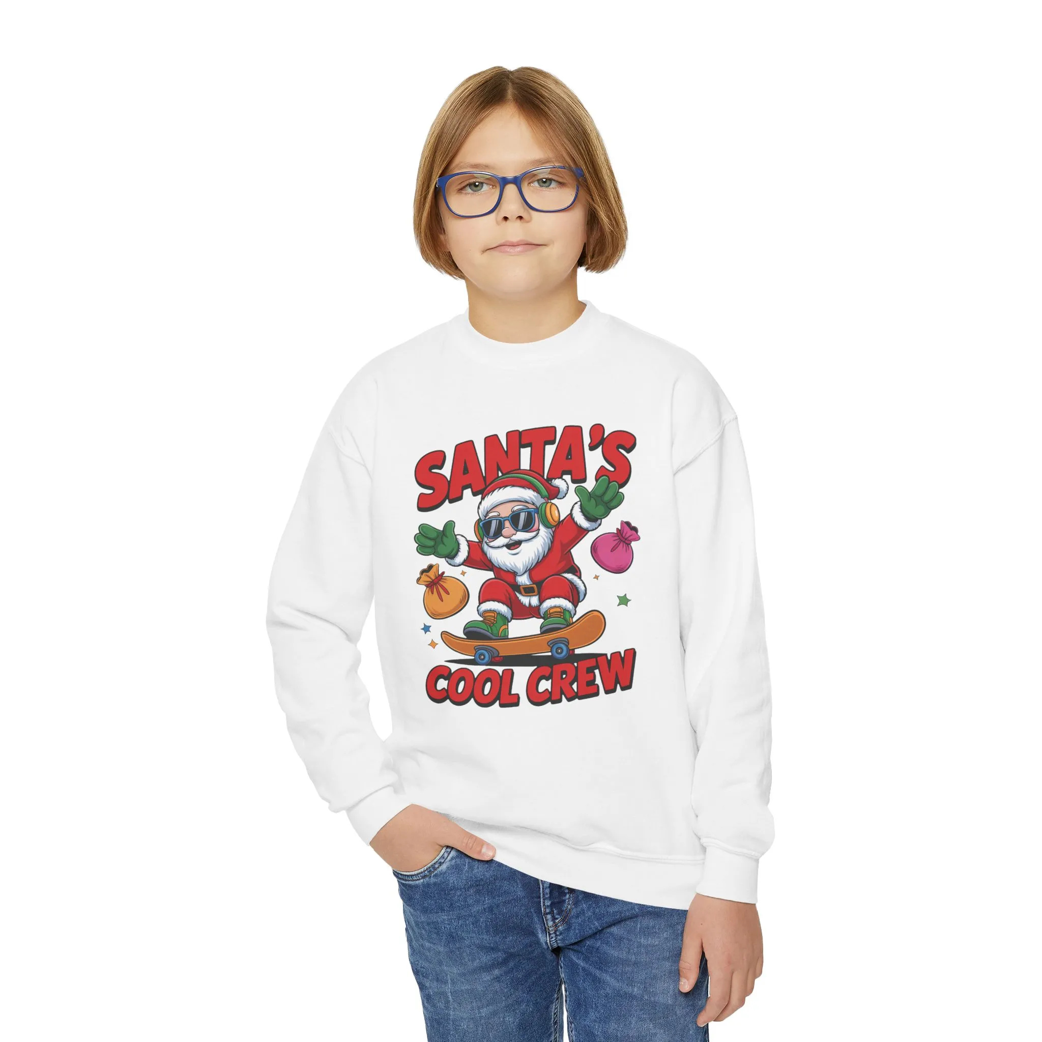 Santa's Cool Crew Youth Sweatshirt, Funny Santa Skateboard Christmas Pullover for Boys, Youth Crewneck Sweatshirt - Image 5