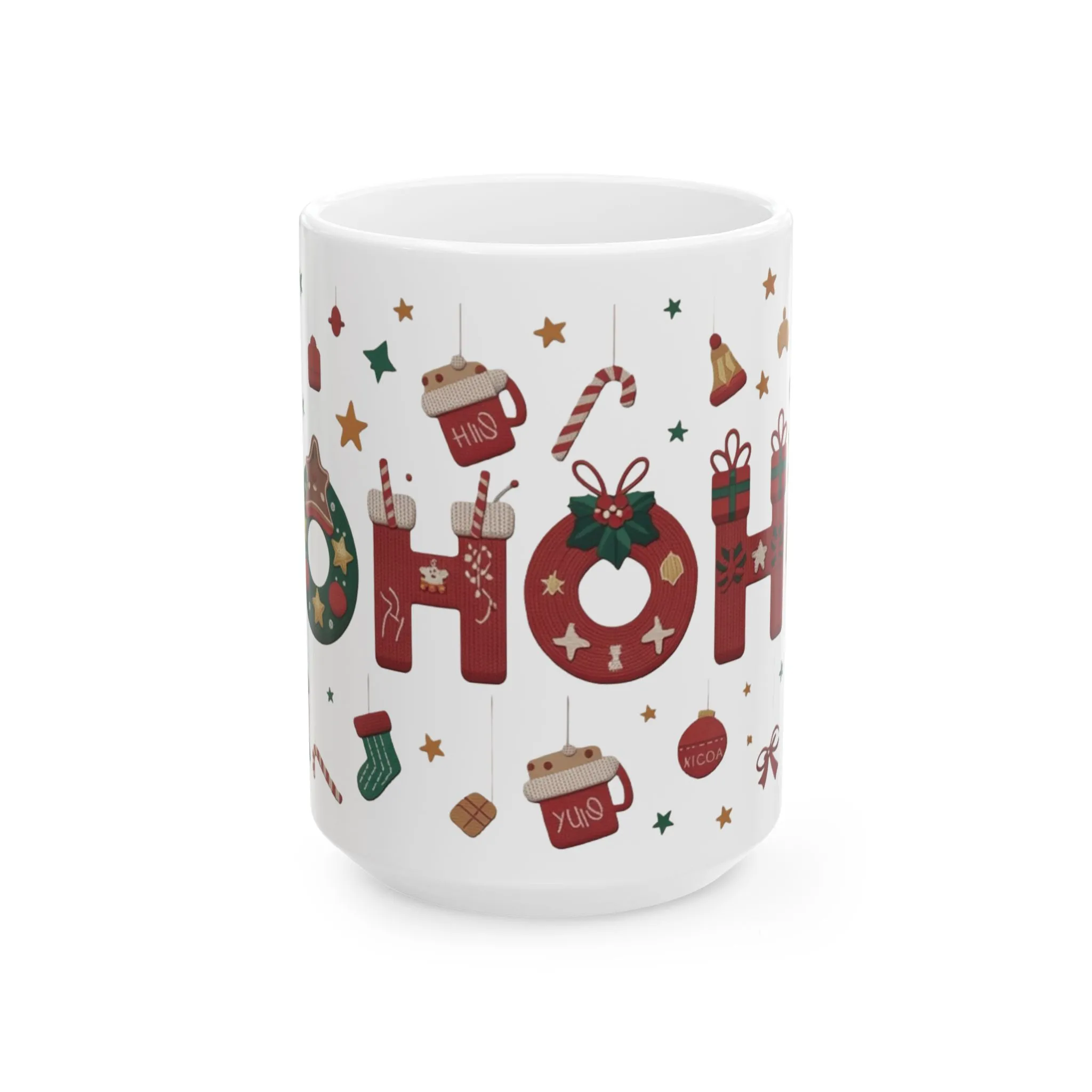 Ho Ho Ho Christmas Mug, Cute Holiday Coffee Cup, Festive Reindeer Knit Design, Xmas Gift for Her & Him, Ceramic Mug (15oz) - Image 2