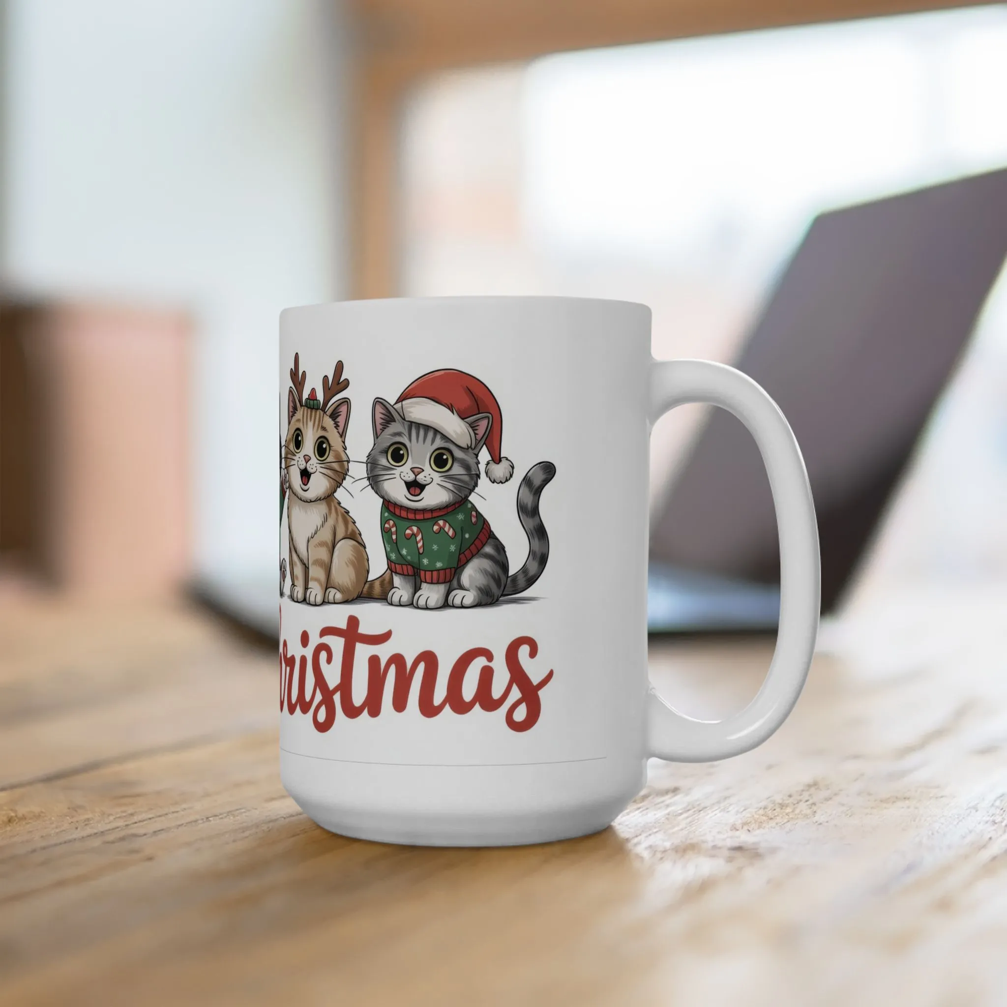 Meowy Christmas Mug, Cute Cat Lover Holiday Cup, Funny Festive Coffee Mug, Gift for Cat Moms - Dads, Ceramic Mug, (15oz) - Image 5