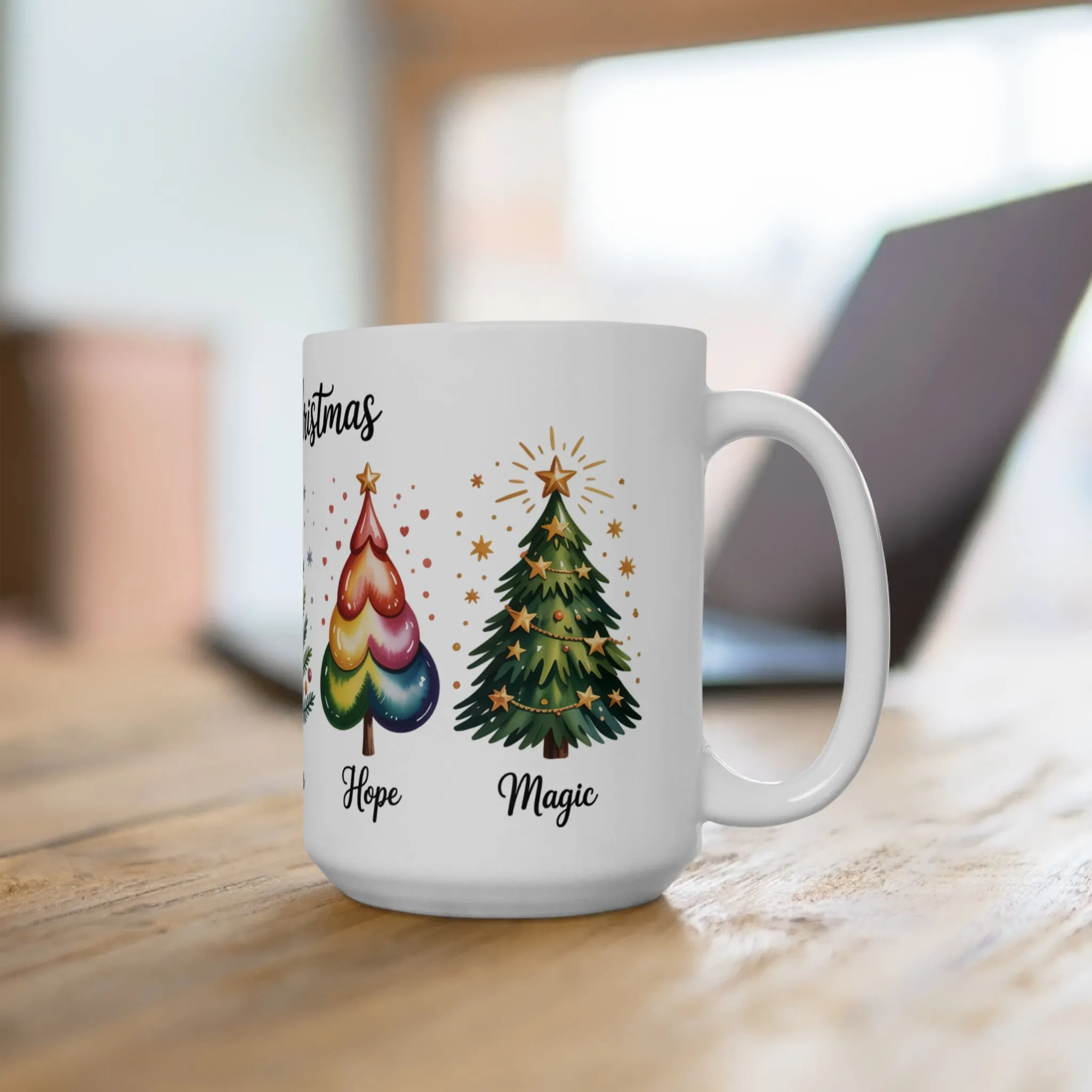 Merry Christmas Mug, Joy Love Peace Hope Magic Cup, Inspirational Holiday Gift, Christmas Tree Coffee Mug, Ceramic Mug (15oz) - Image 5