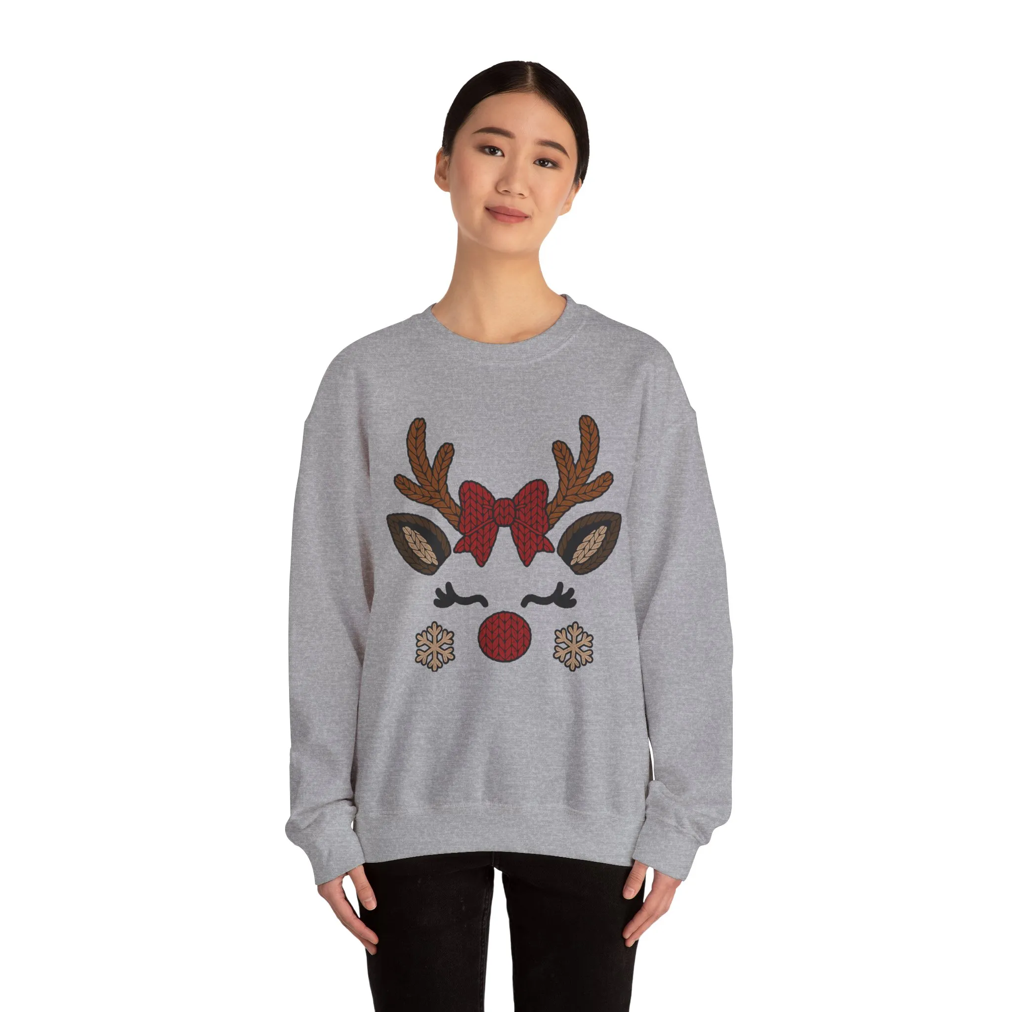 Women's Reindeer Face Christmas Sweatshirt, Cute Knitted Bow Reindeer Design, Mother-Daughter Matching Holiday Outfit - Image 8