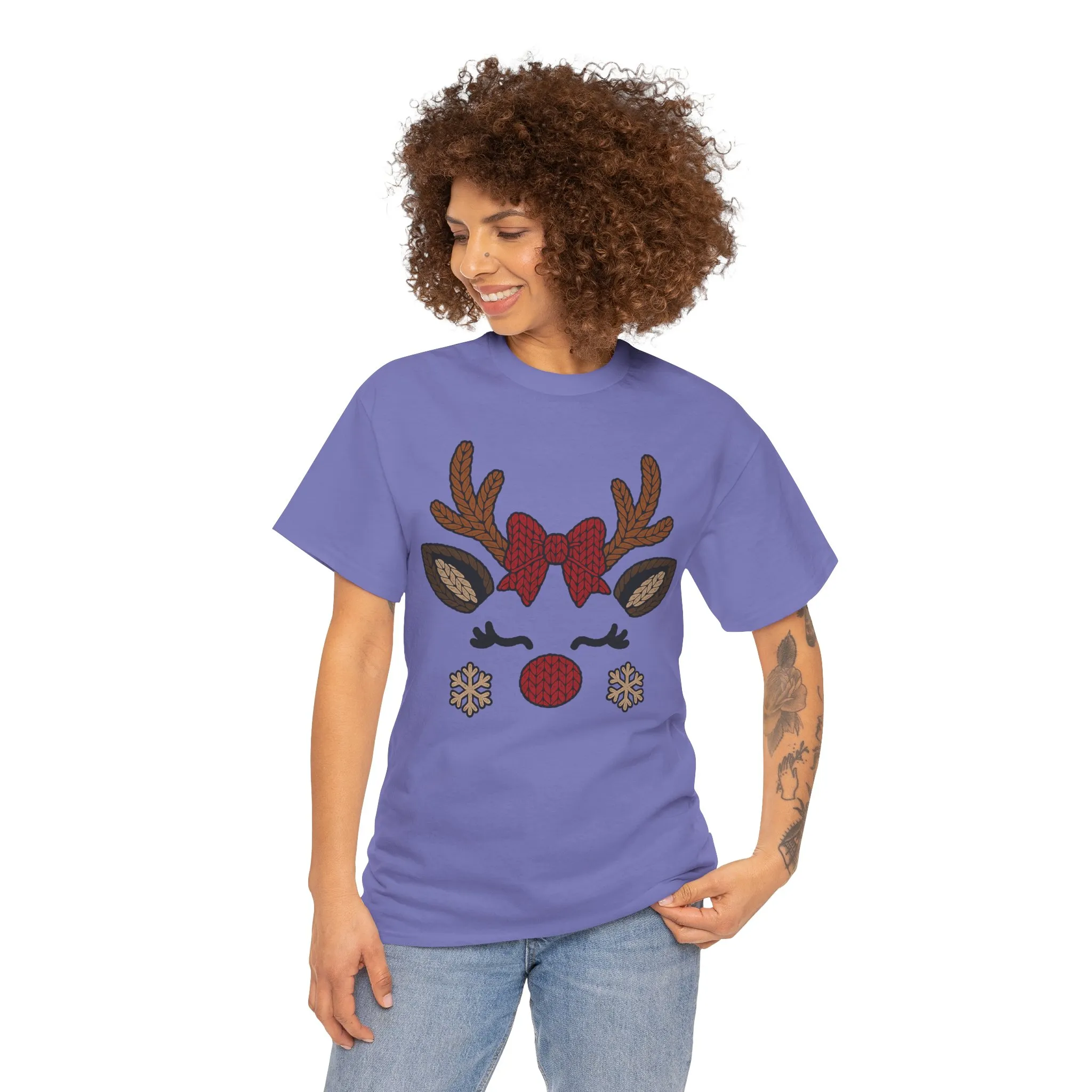 Women's Reindeer Face Christmas T-Shirt, Cute Knitted Holiday Tee, Mother-Daughter Matching Outfit