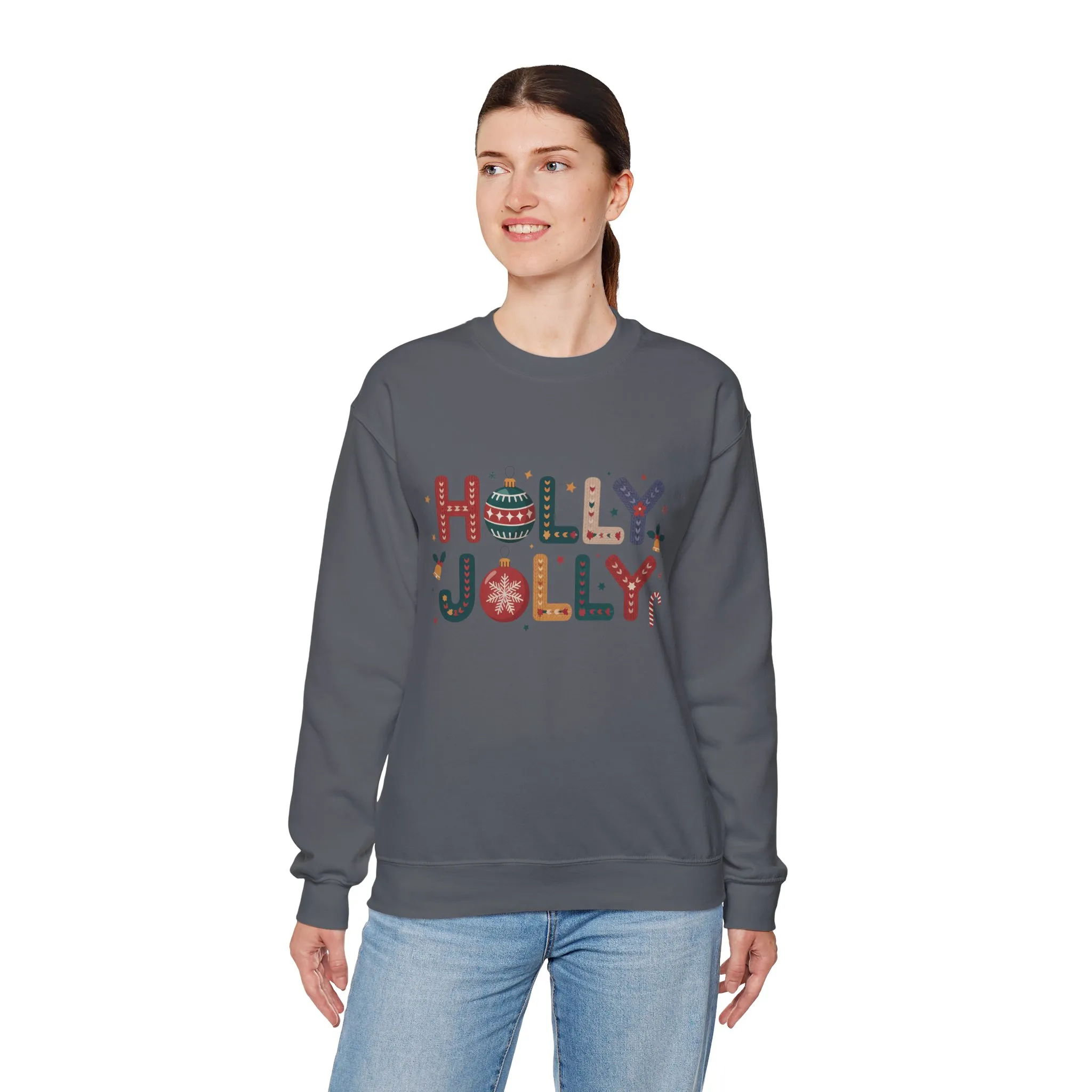 Women's Holly Jolly Christmas Sweatshirt, Ornament Letter Design, Cozy Holiday Pullover, Mother-Daughter Matching Outfit - Image 18