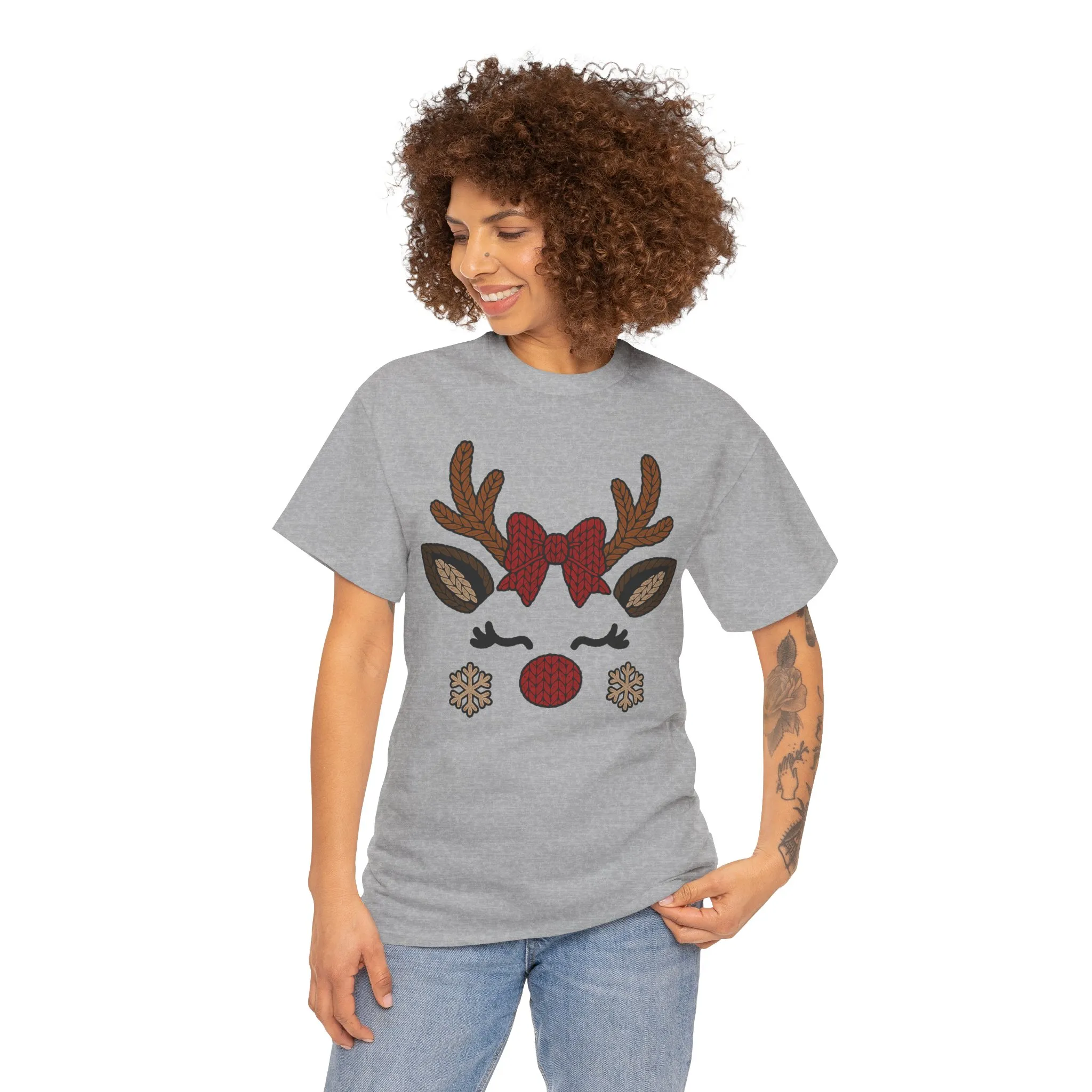 Women's Reindeer Face Christmas T-Shirt, Cute Knitted Holiday Tee, Mother-Daughter Matching Outfit - Image 8