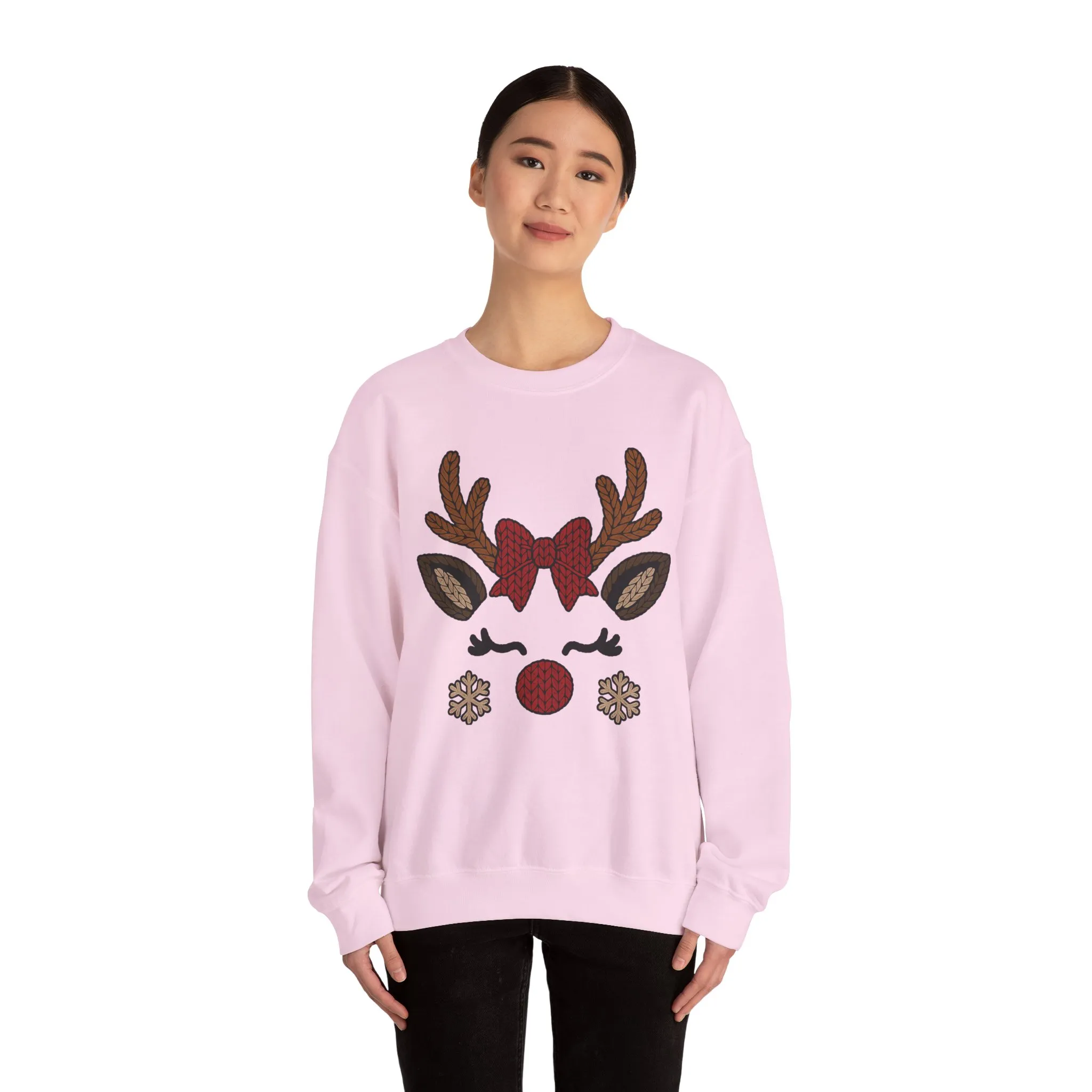 Women's Reindeer Face Christmas Sweatshirt, Cute Knitted Bow Reindeer Design, Mother-Daughter Matching Holiday Outfit - Image 20
