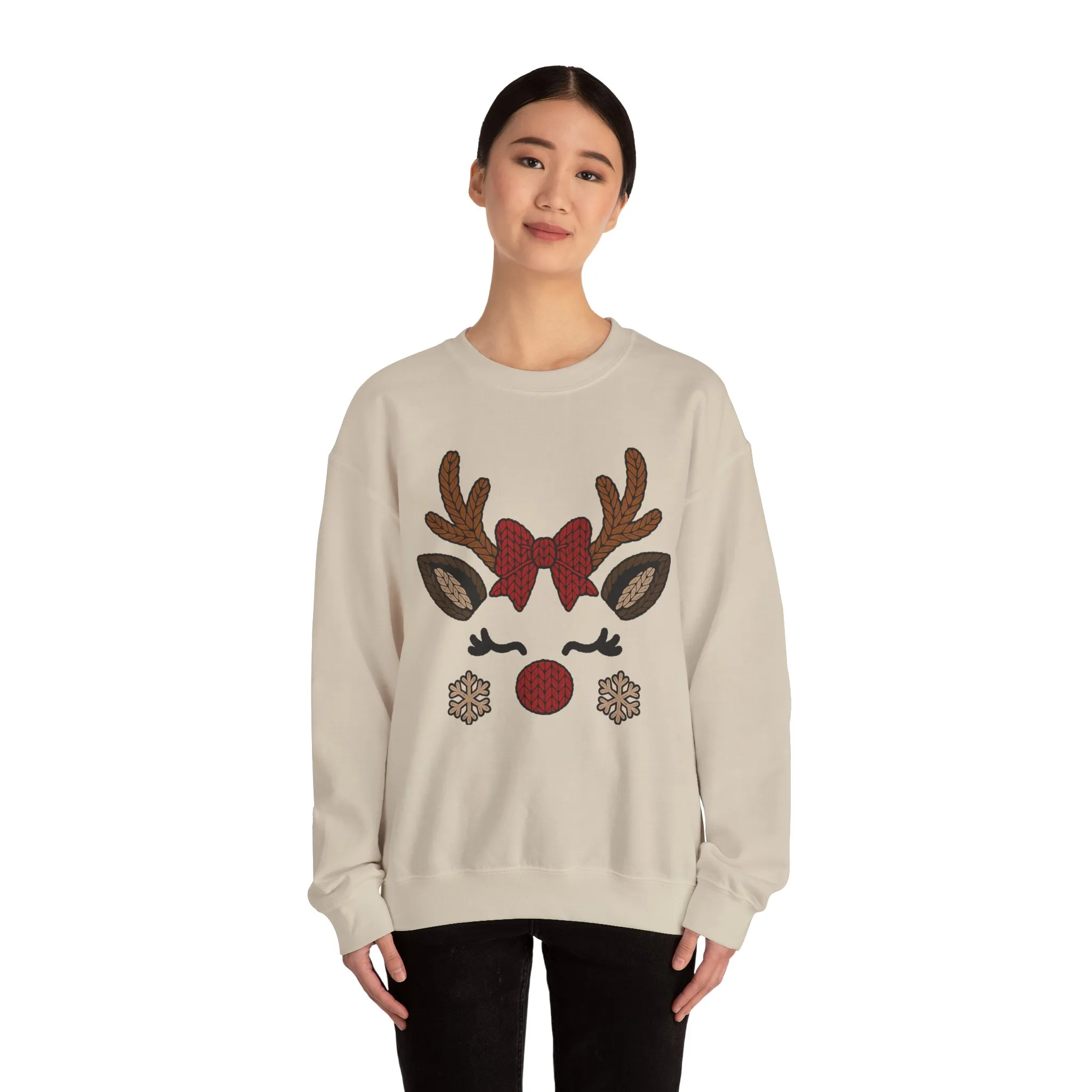 Women's Reindeer Face Christmas Sweatshirt, Cute Knitted Bow Reindeer Design, Mother-Daughter Matching Holiday Outfit - Image 5
