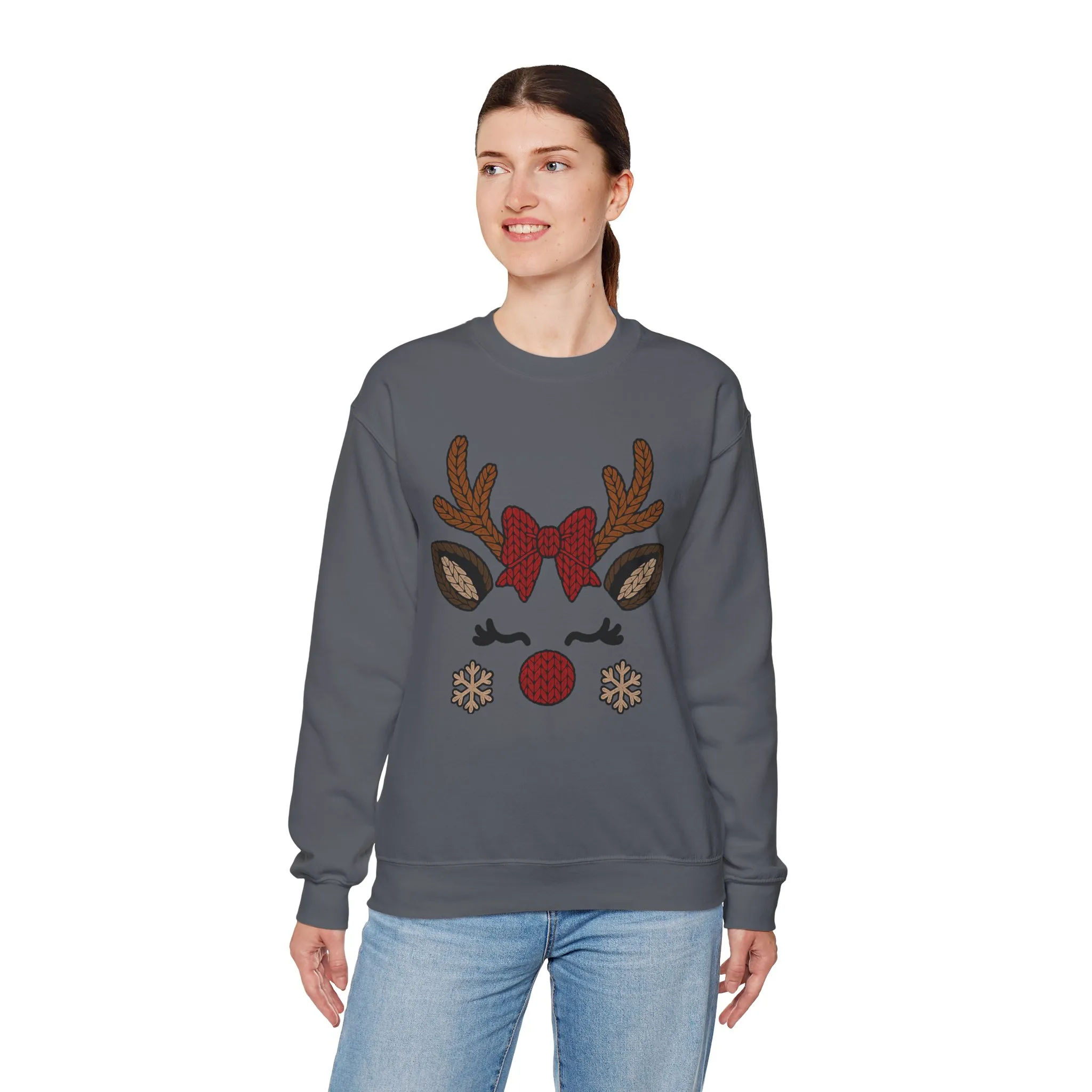 Women's Reindeer Face Christmas Sweatshirt, Cute Knitted Bow Reindeer Design, Mother-Daughter Matching Holiday Outfit - Image 15