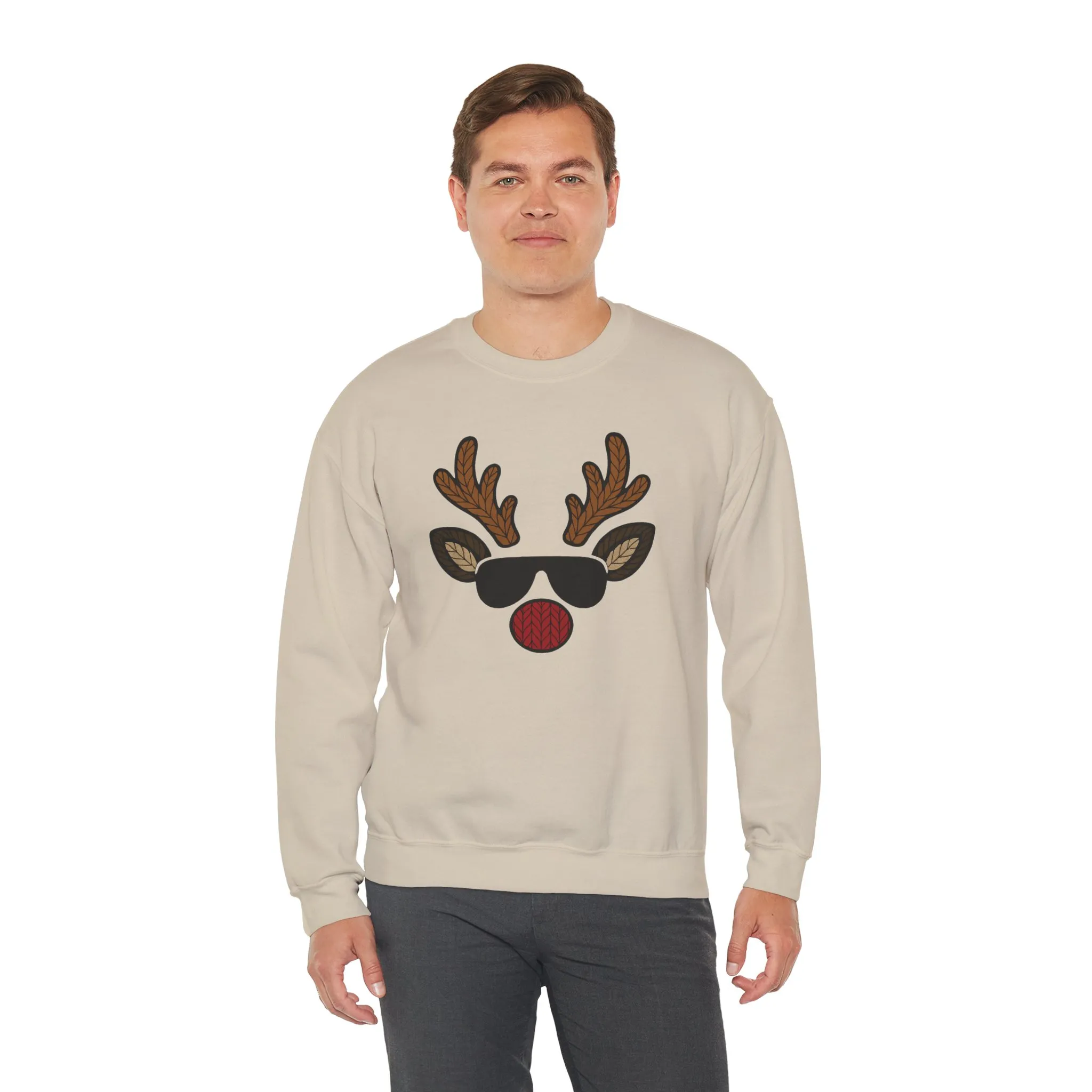 Men's Reindeer Face Christmas Sweatshirt, Classic Knitted Reindeer Design, Father-Son Matching Holiday Outfit - Image 6