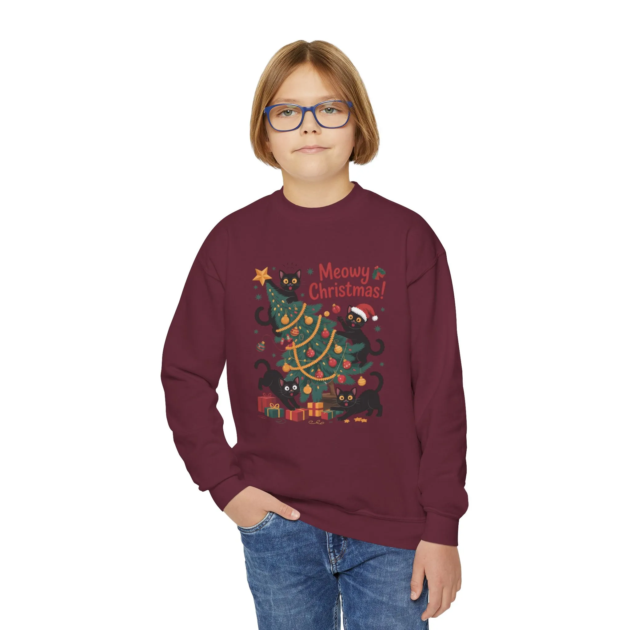 Kids Black Cats Christmas Tree Sweatshirt, Cute Funny Cat Holiday Jumper, Christmas Cat Chaos Pullover - Image 8