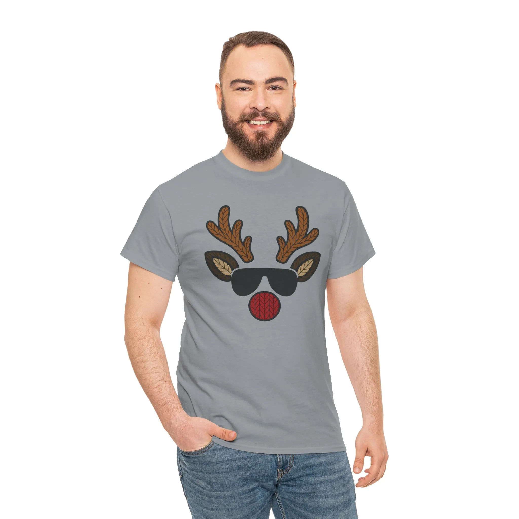 Men's Reindeer Face Christmas T-Shirt, Classic Holiday Tee, Father-Son Matching Outfit
