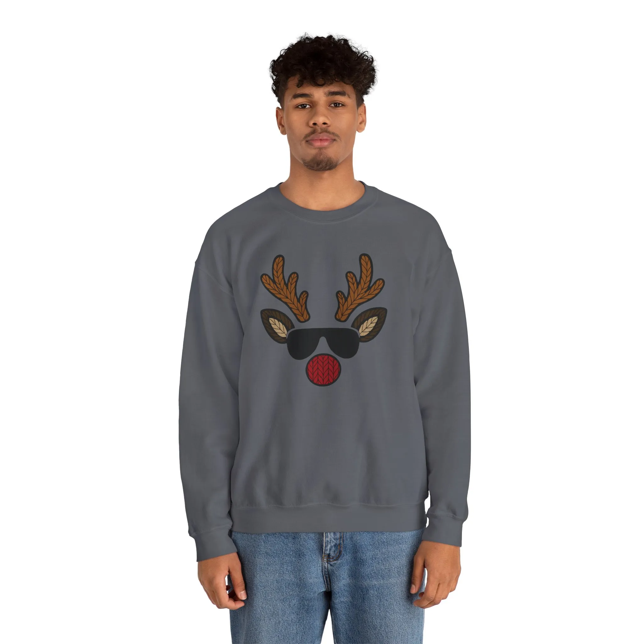 Men's Reindeer Face Christmas Sweatshirt, Classic Knitted Reindeer Design, Father-Son Matching Holiday Outfit - Image 17