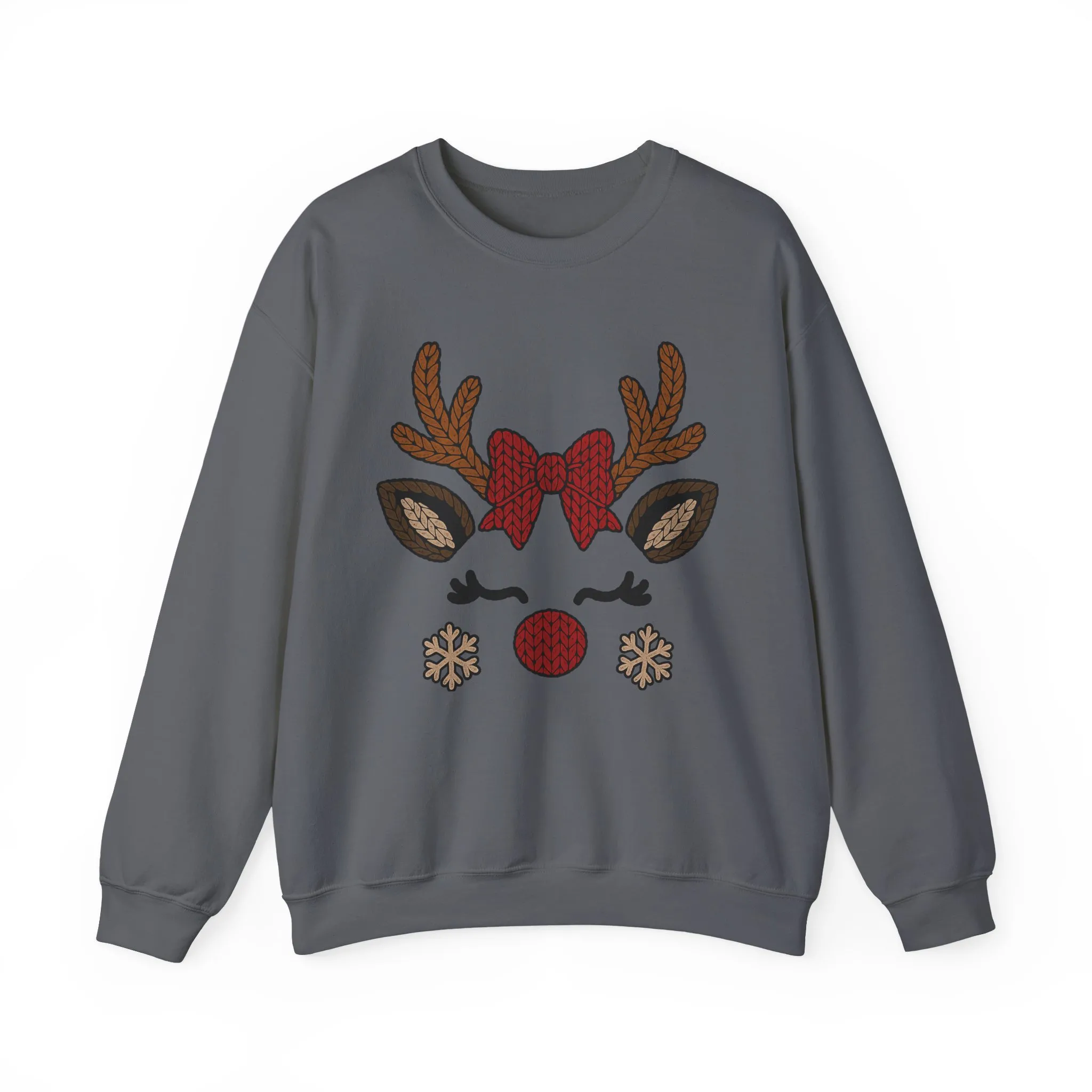 Women's Reindeer Face Christmas Sweatshirt, Cute Knitted Bow Reindeer Design, Mother-Daughter Matching Holiday Outfit - Image 13