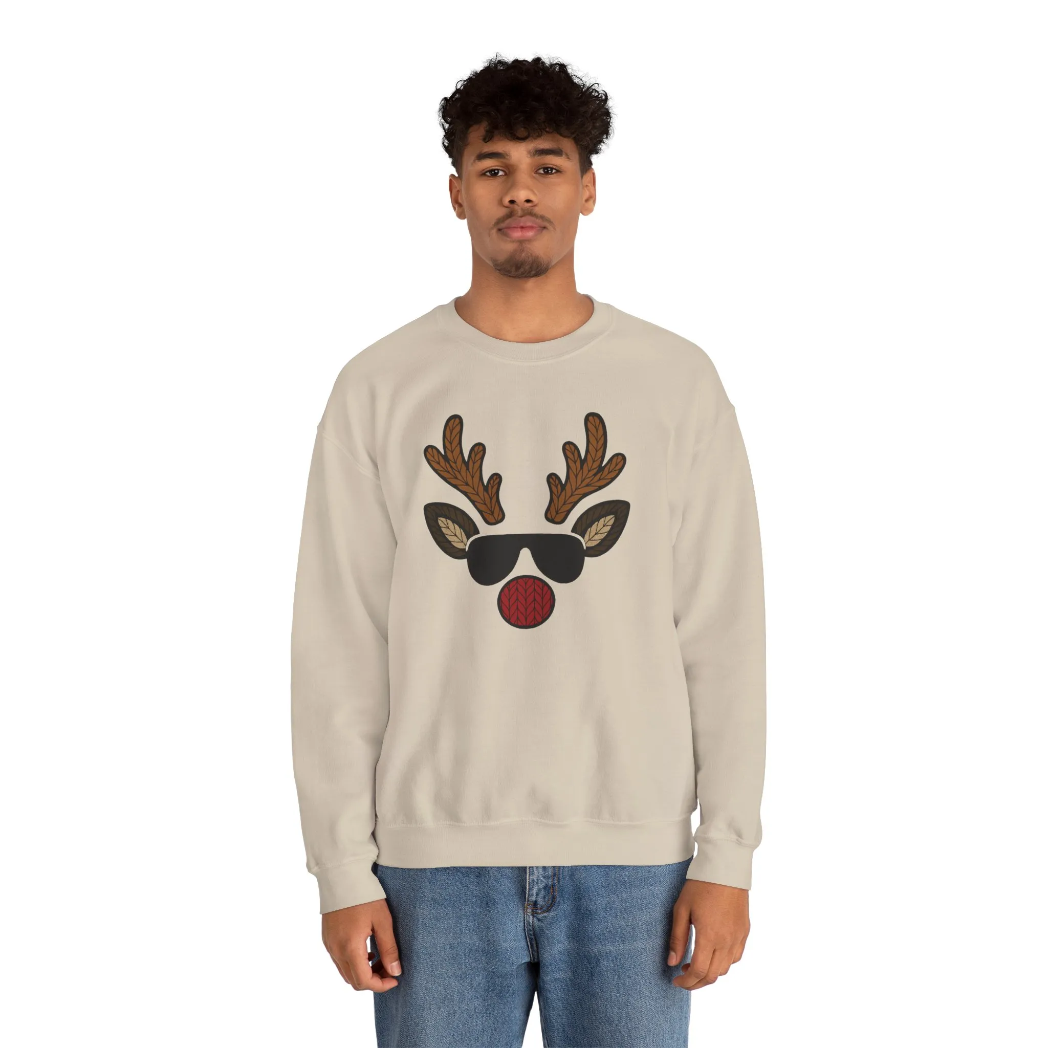 Men's Reindeer Face Christmas Sweatshirt, Classic Knitted Reindeer Design, Father-Son Matching Holiday Outfit - Image 5