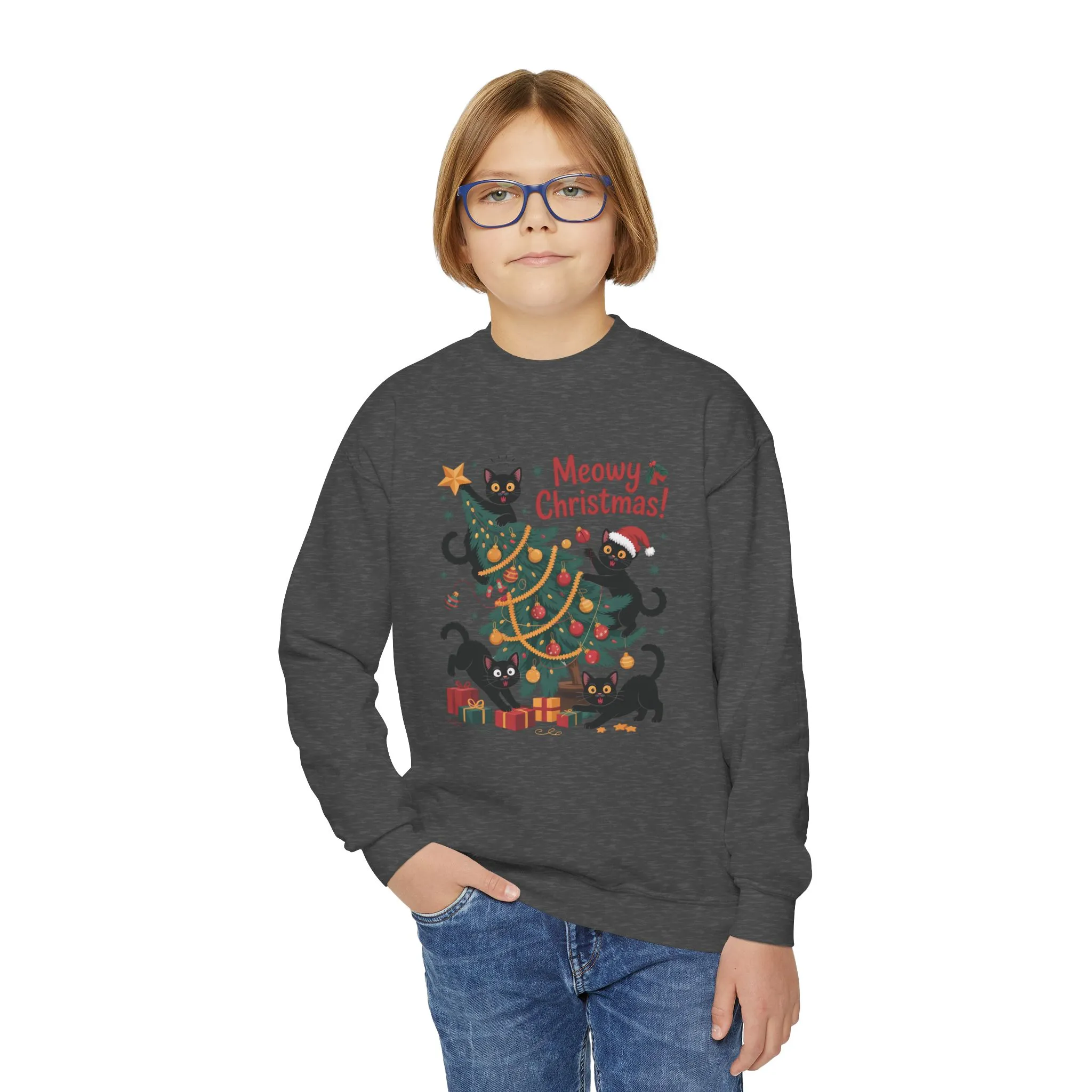 Kids Black Cats Christmas Tree Sweatshirt, Cute Funny Cat Holiday Jumper, Christmas Cat Chaos Pullover - Image 11