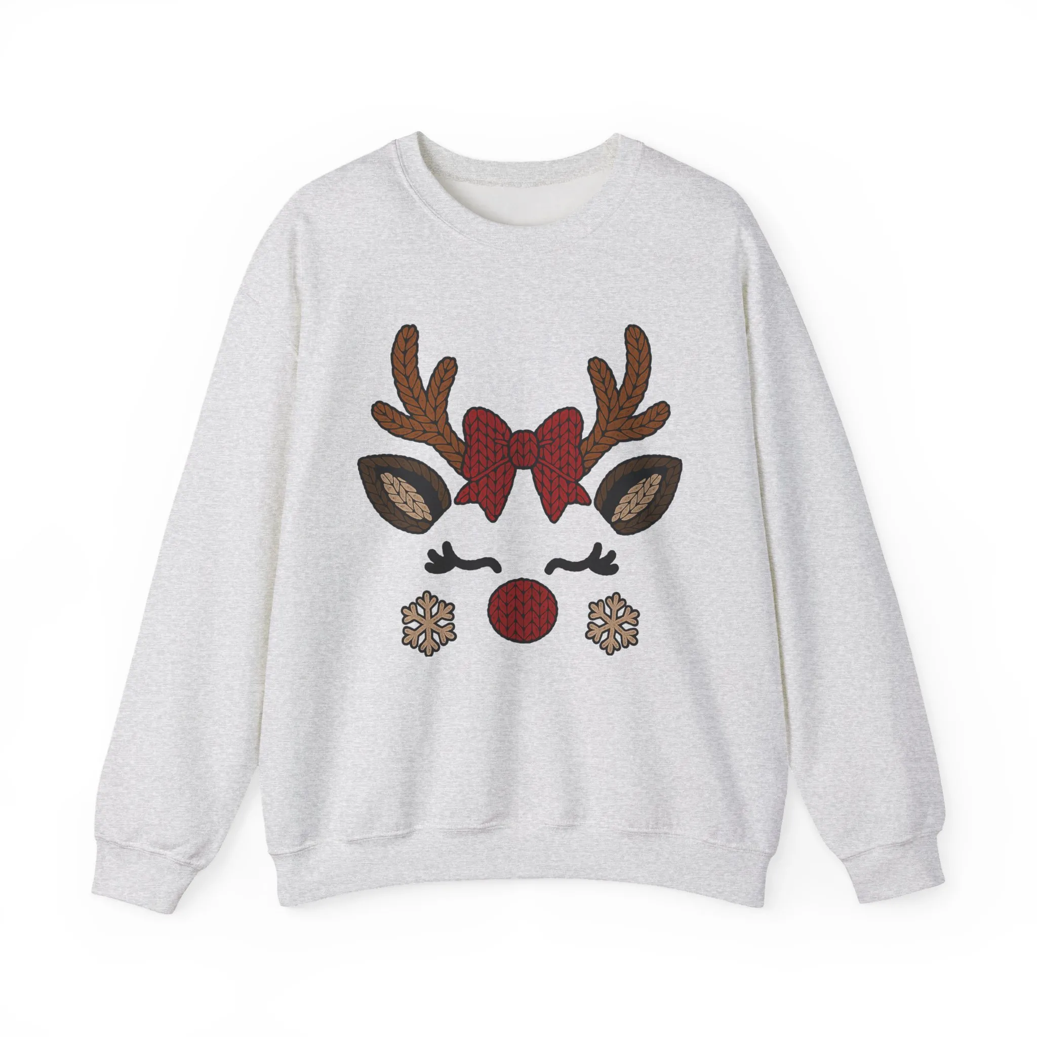 Women's Reindeer Face Christmas Sweatshirt, Cute Knitted Bow Reindeer Design, Mother-Daughter Matching Holiday Outfit - Image 2