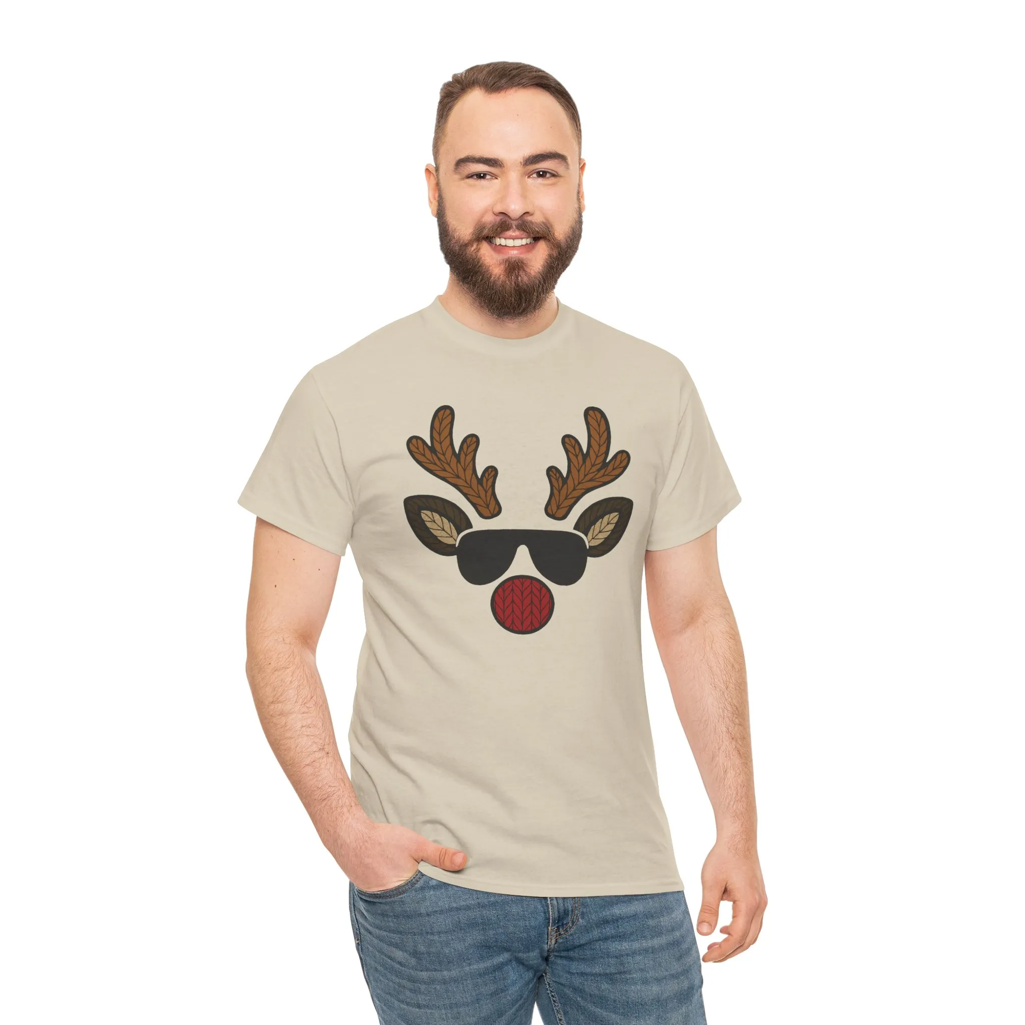 Men's Reindeer Face Christmas T-Shirt, Classic Holiday Tee, Father-Son Matching Outfit - Image 5