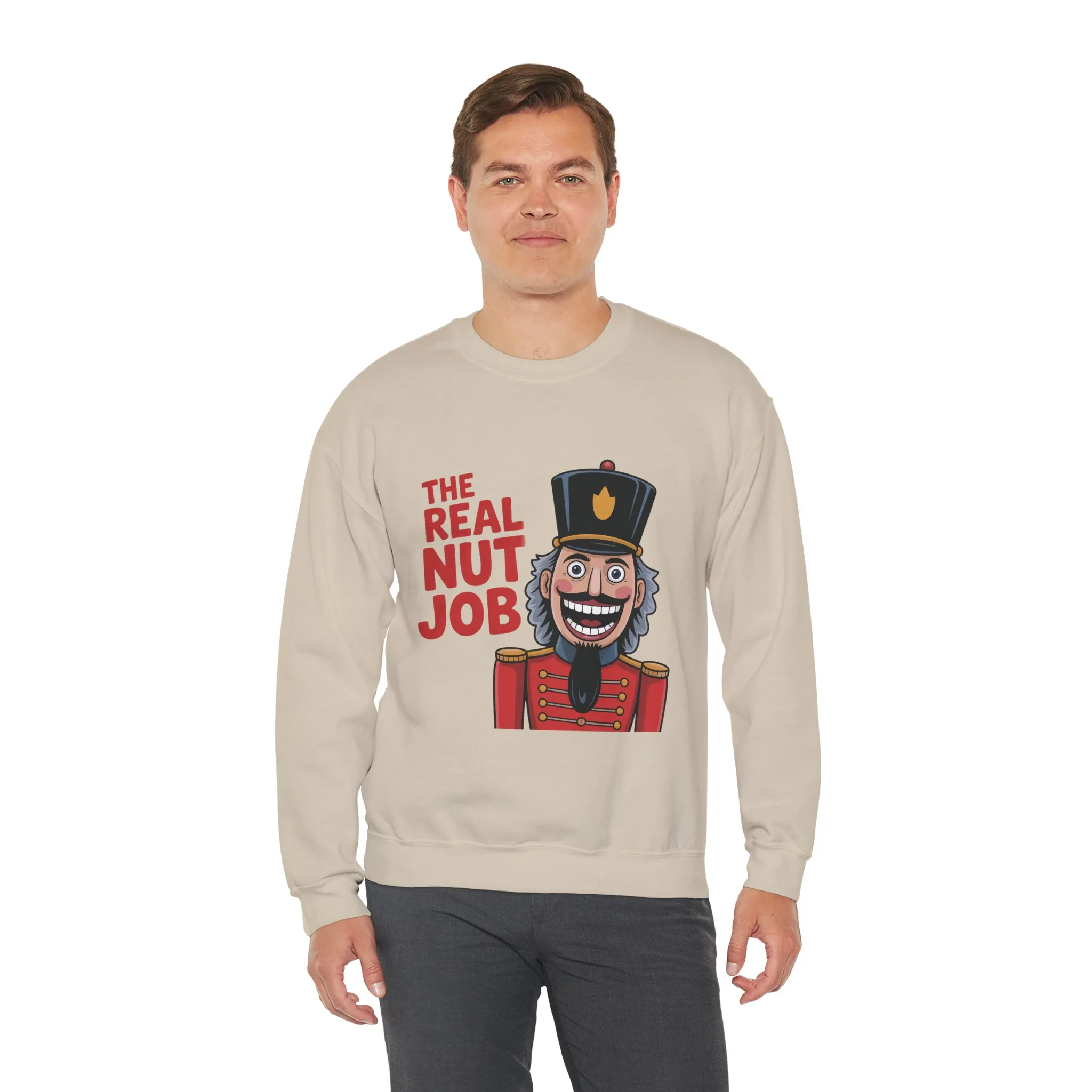 The Real Nut Job Men's Sweatshirt, Funny Nutcracker Christmas Sweater, Holiday Gift for Him