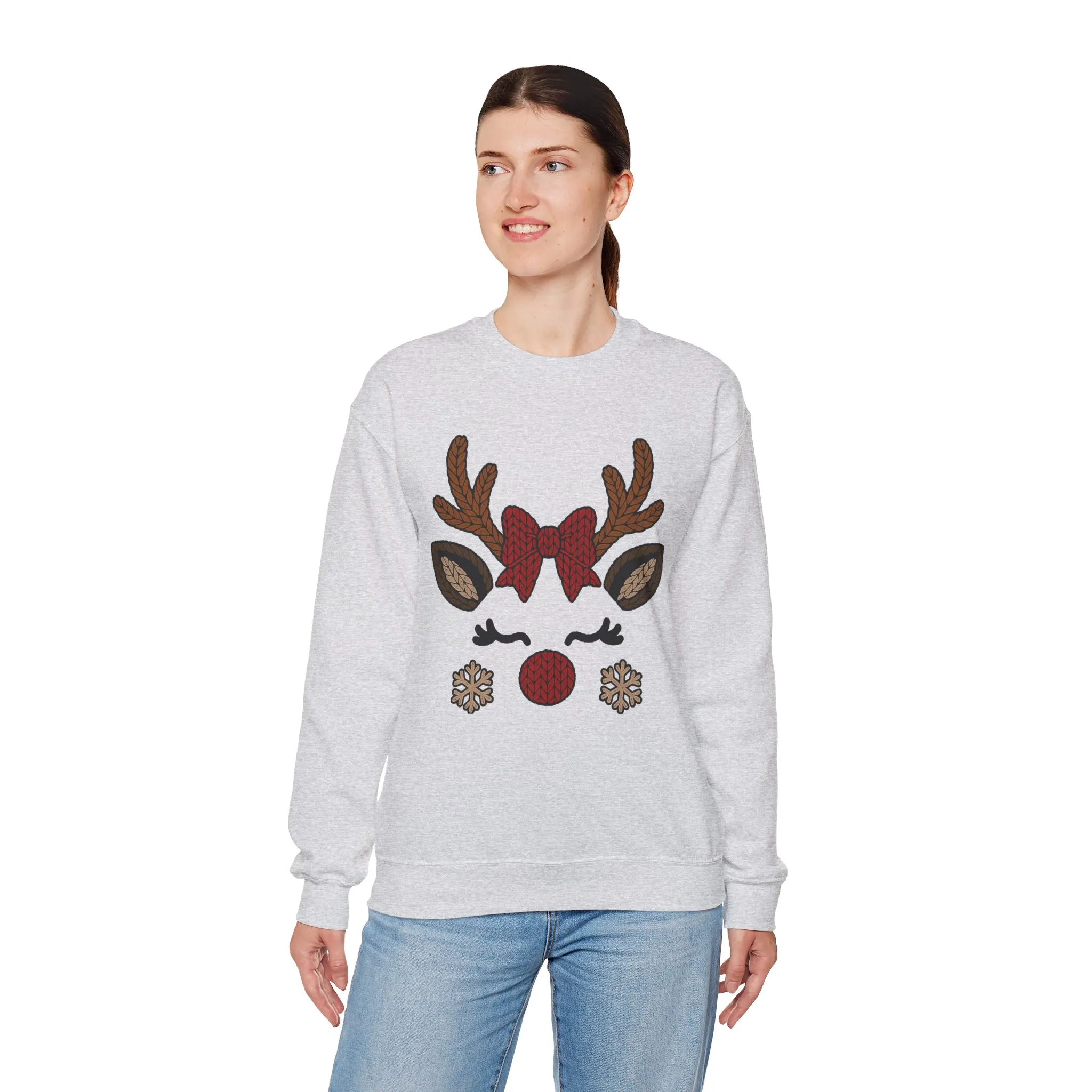 Women's Reindeer Face Christmas Sweatshirt, Cute Knitted Bow Reindeer Design, Mother-Daughter Matching Holiday Outfit - Image 3