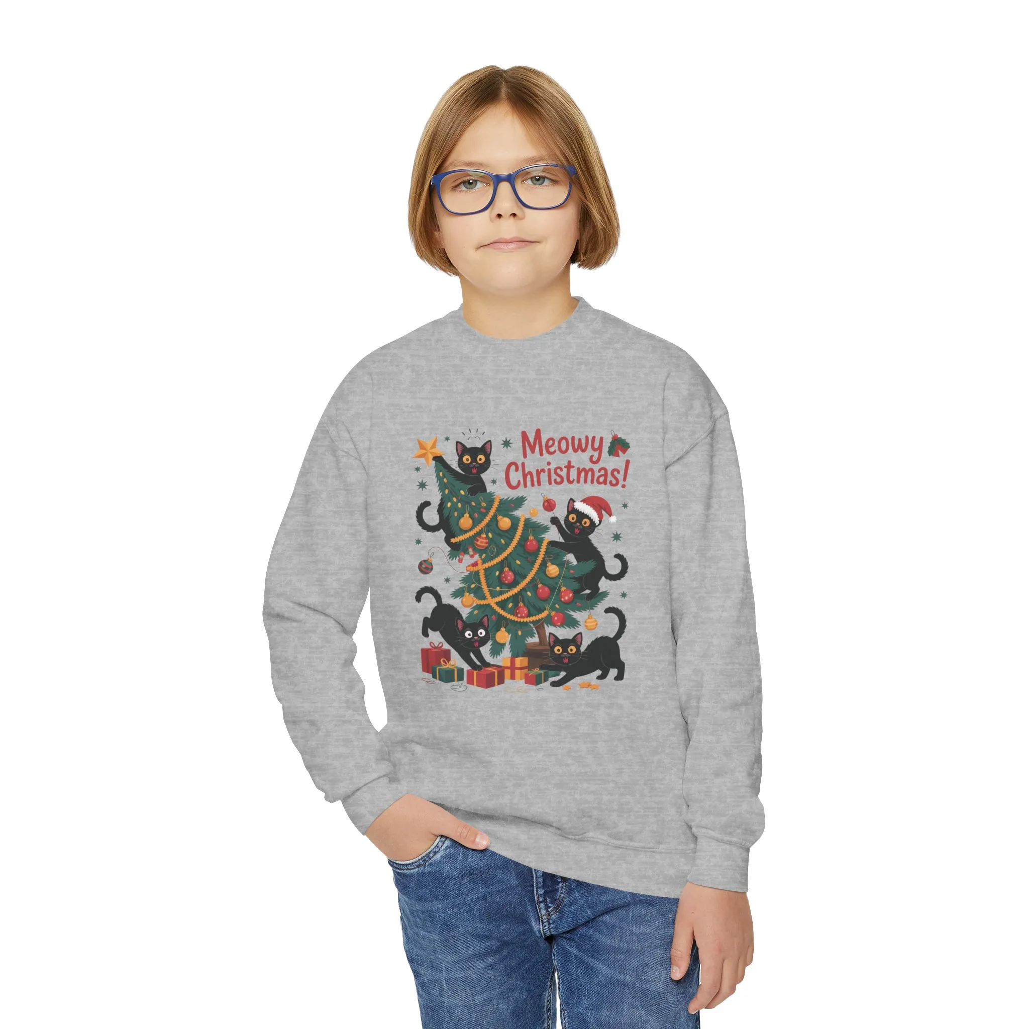 Kids Black Cats Christmas Tree Sweatshirt, Cute Funny Cat Holiday Jumper, Christmas Cat Chaos Pullover - Image 2
