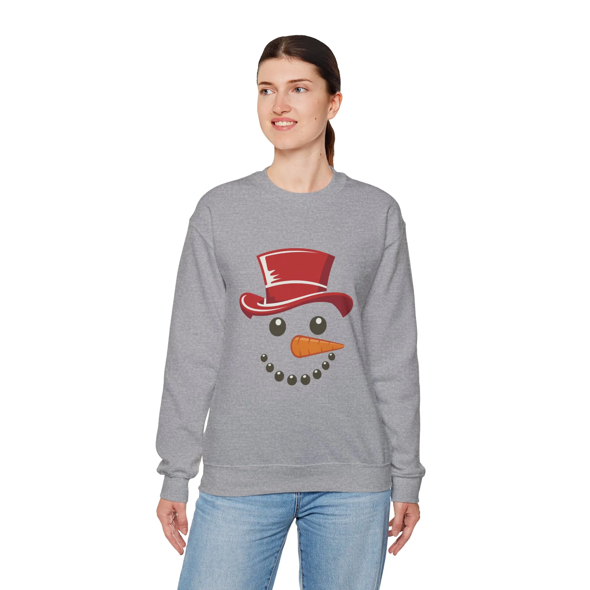 Snowman Face Christmas Sweatshirt, Cute Minimalist Holiday Crewneck, Red Hat Snowman Design, Unisex Winter Gift, Unisex Crewneck Sweatshirt - Image 3