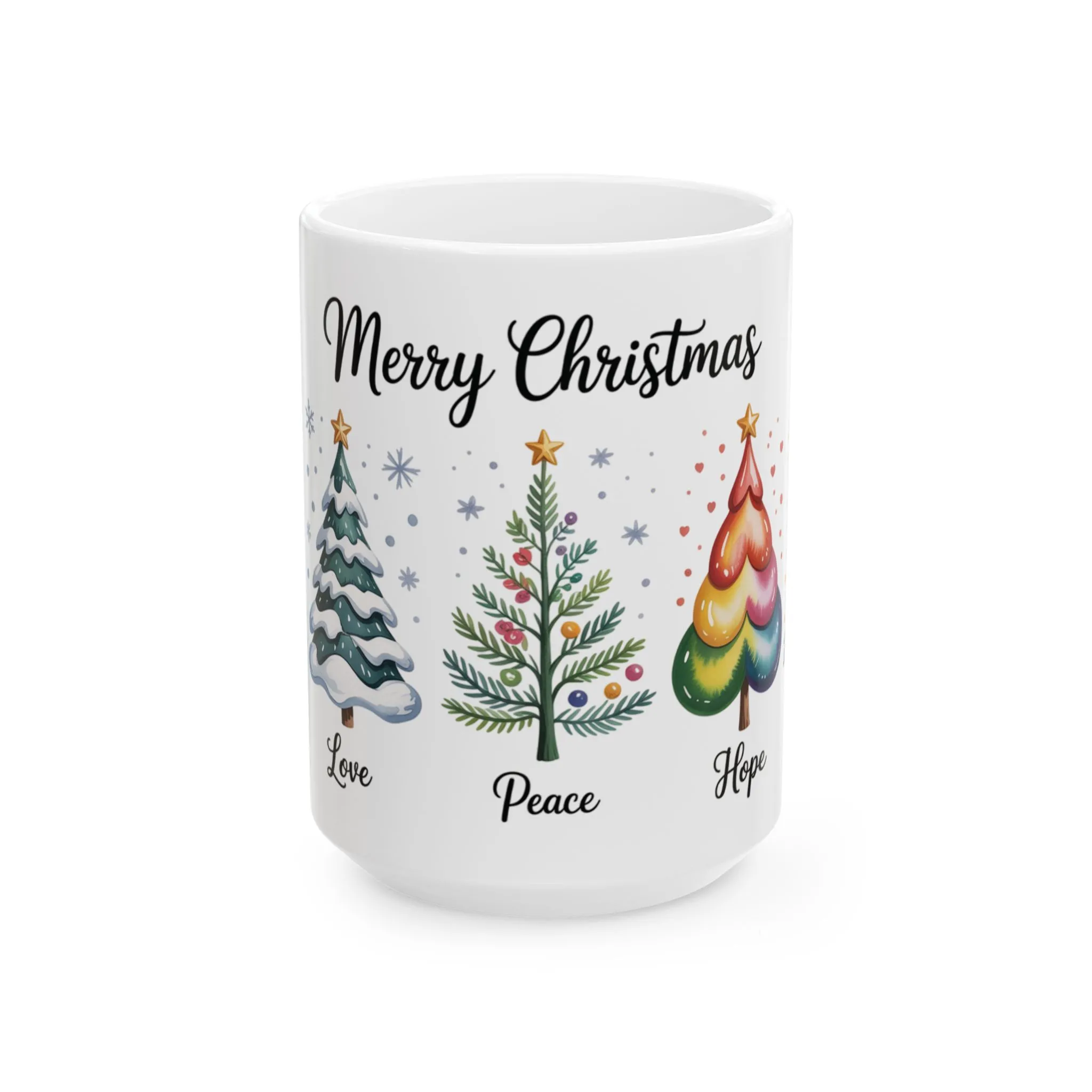 Merry Christmas Mug, Joy Love Peace Hope Magic Cup, Inspirational Holiday Gift, Christmas Tree Coffee Mug, Ceramic Mug (15oz)