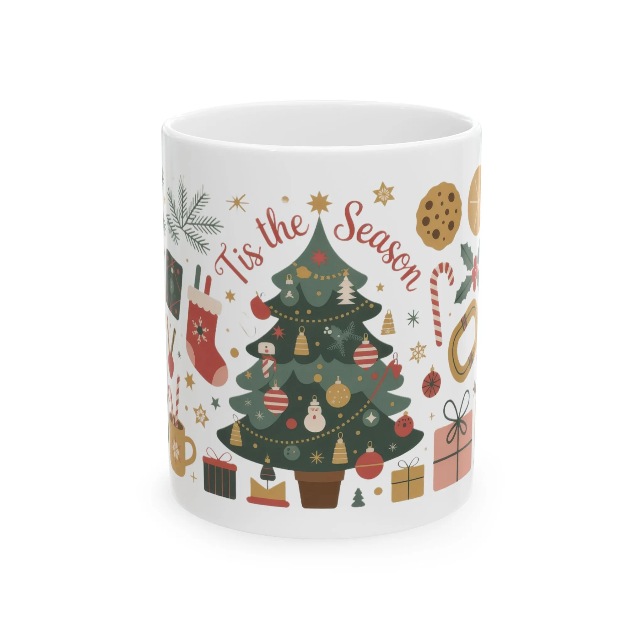 Tis The Season Christmas Mug, Cozy Holiday Coffee Cup, Festive Tree - Santa Design, Christmas Gift Idea, Ceramic Mug, (11oz, 15oz)