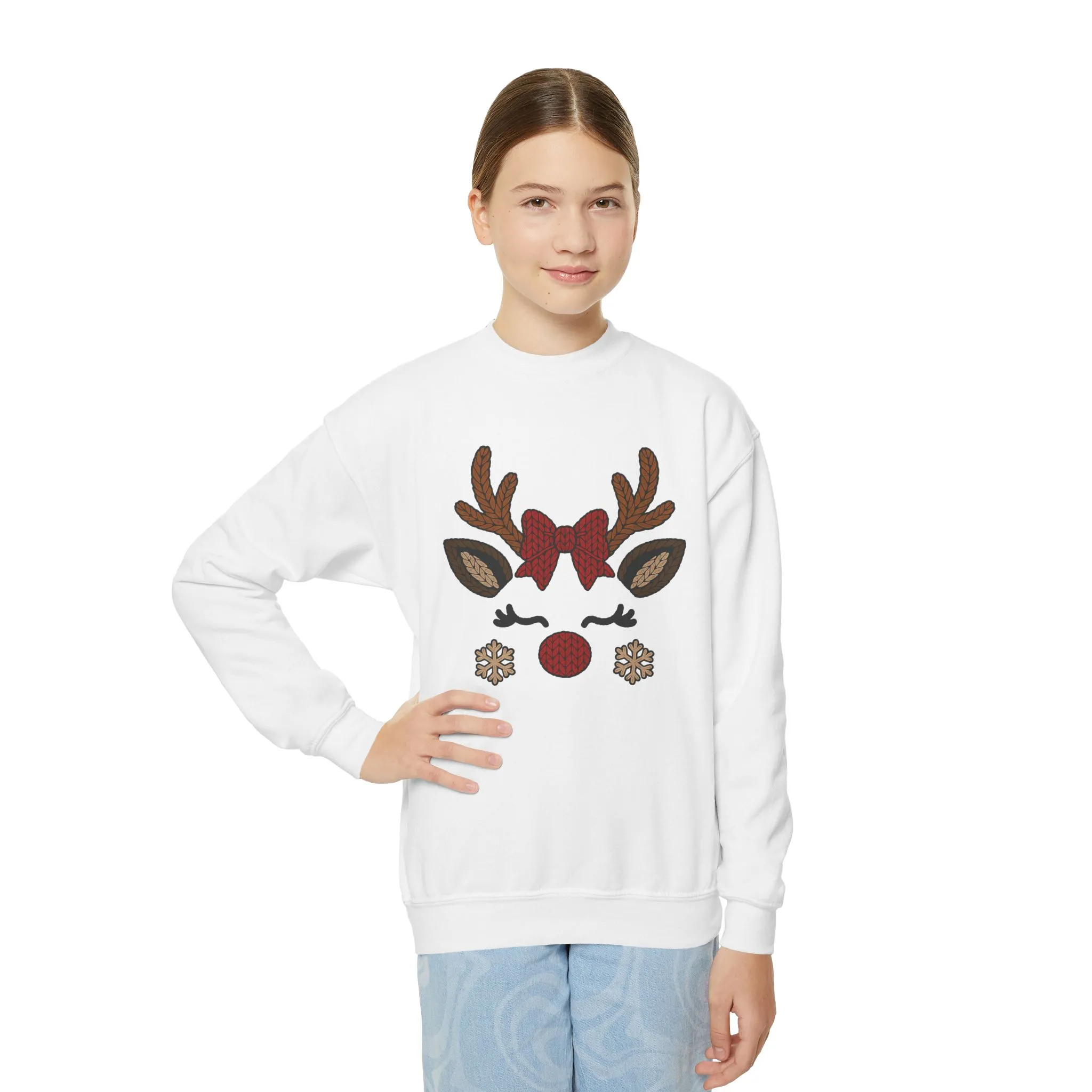 Girls Reindeer Face Christmas Sweatshirt, Cute Knitted Holiday Pullover, Mother-Daughter Matching Outfit - Image 4