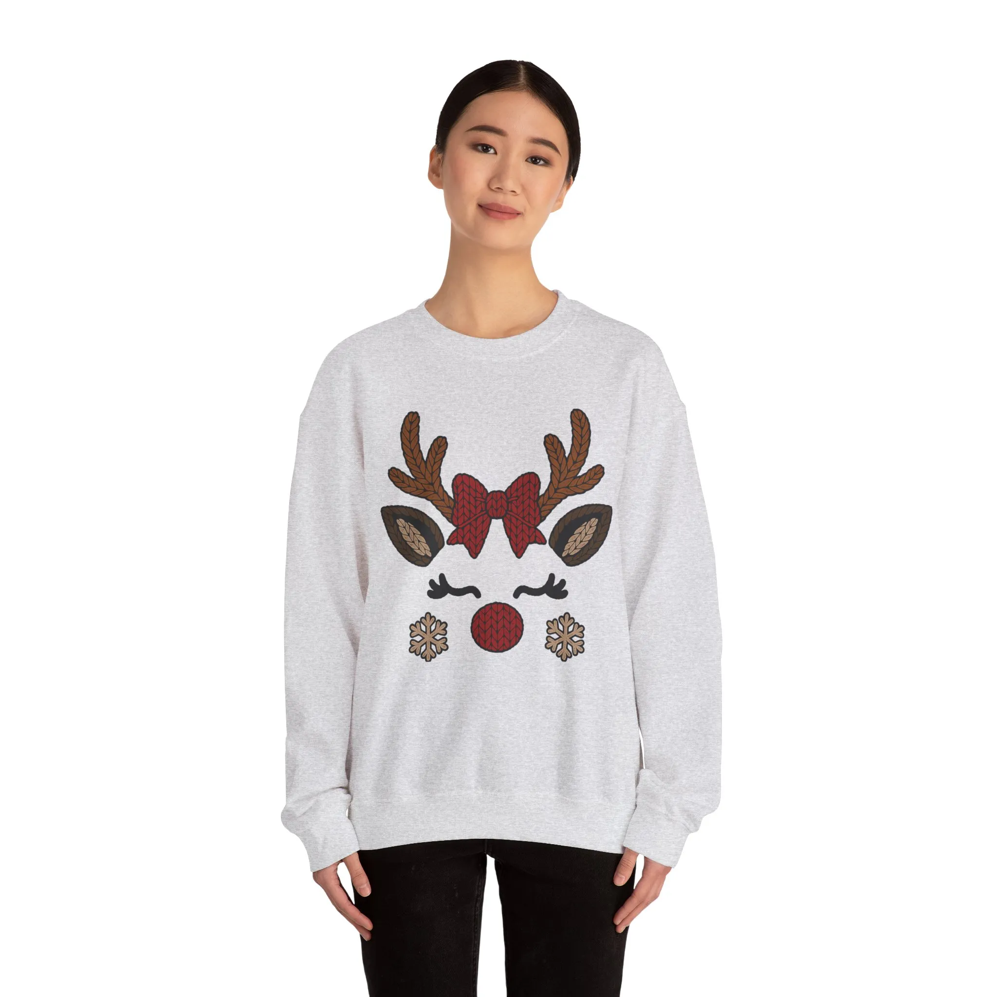 Women's Reindeer Face Christmas Sweatshirt, Cute Knitted Bow Reindeer Design, Mother-Daughter Matching Holiday Outfit