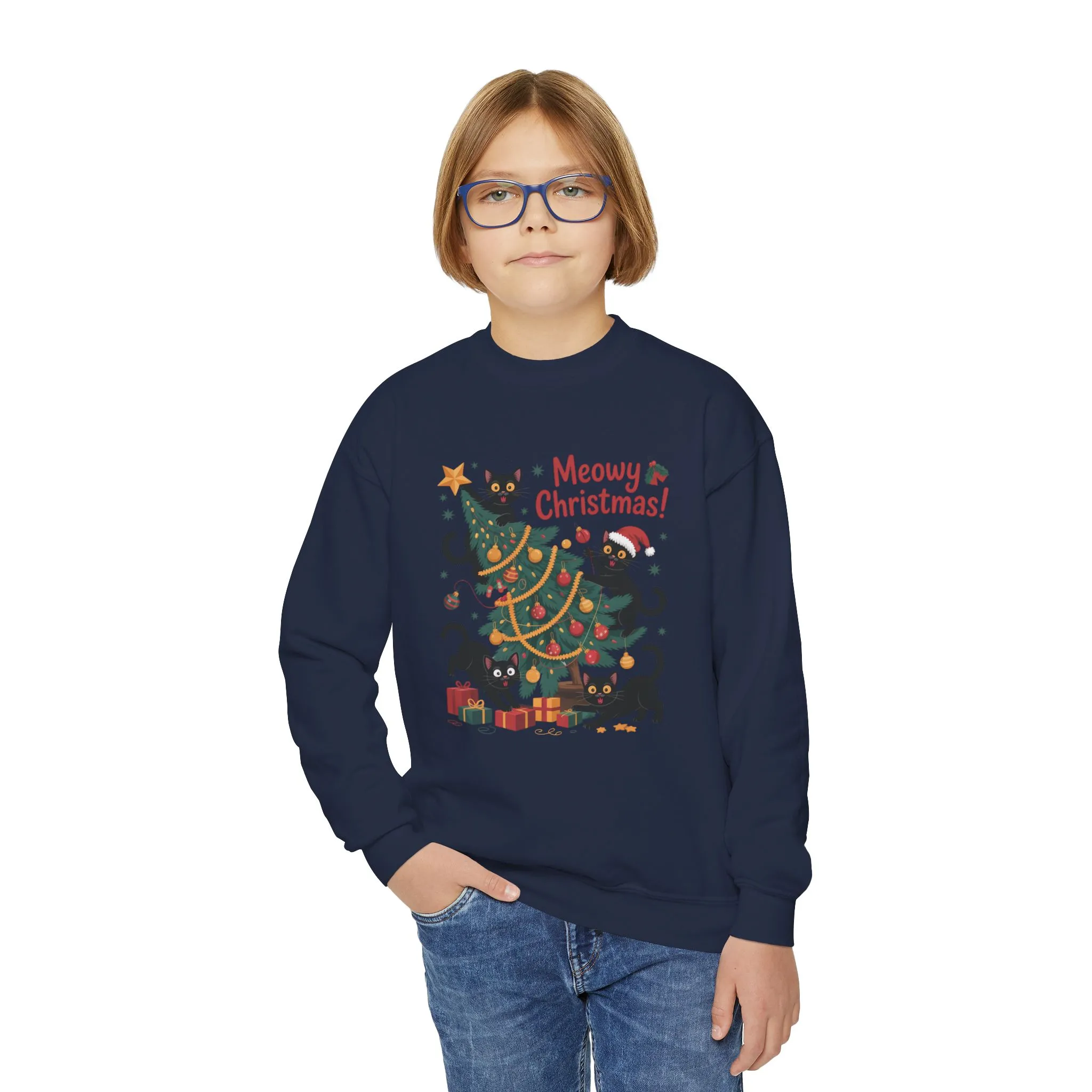 Kids Black Cats Christmas Tree Sweatshirt, Cute Funny Cat Holiday Jumper, Christmas Cat Chaos Pullover - Image 17