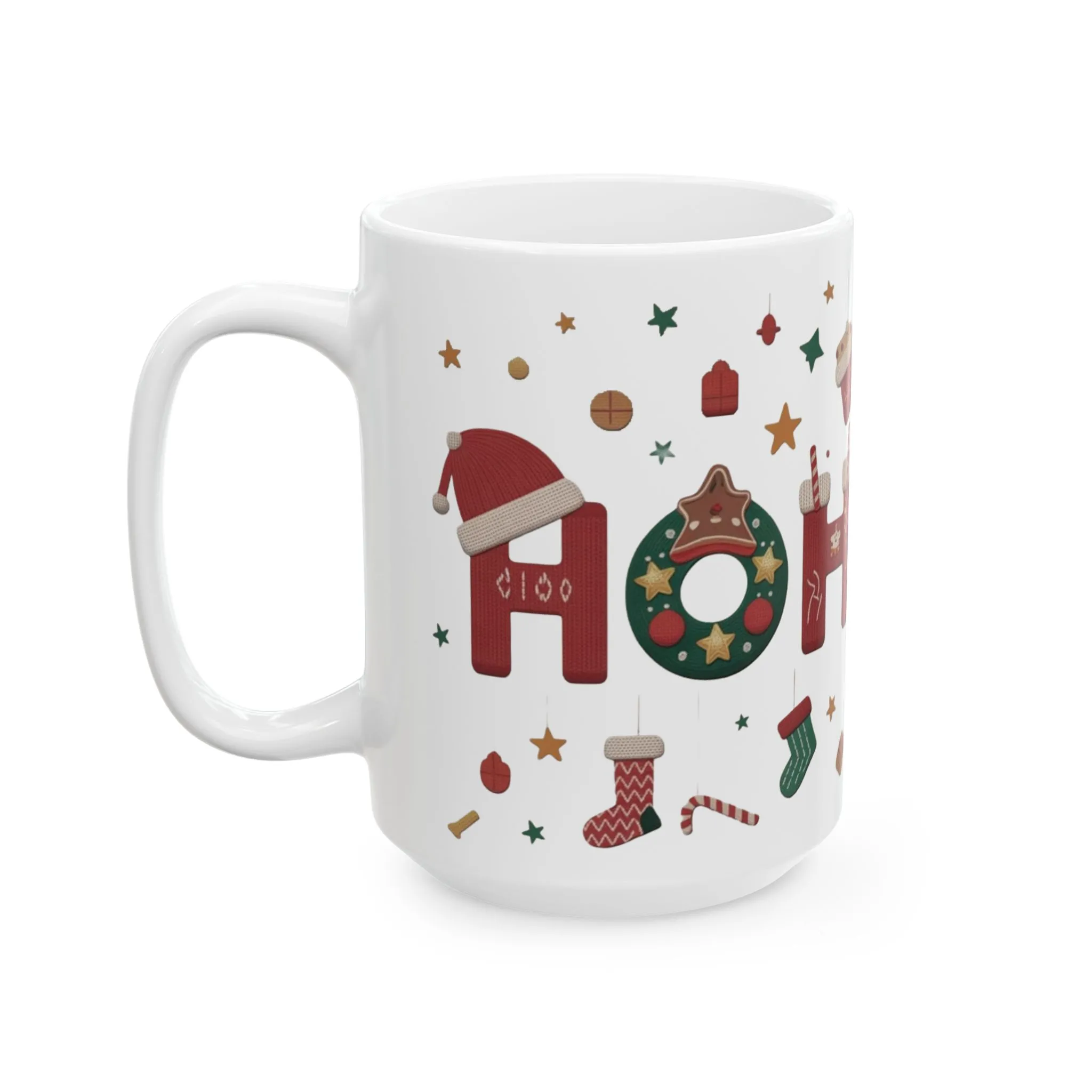 Ho Ho Ho Christmas Mug, Cute Holiday Coffee Cup, Festive Reindeer Knit Design, Xmas Gift for Her & Him, Ceramic Mug (15oz) - Image 4