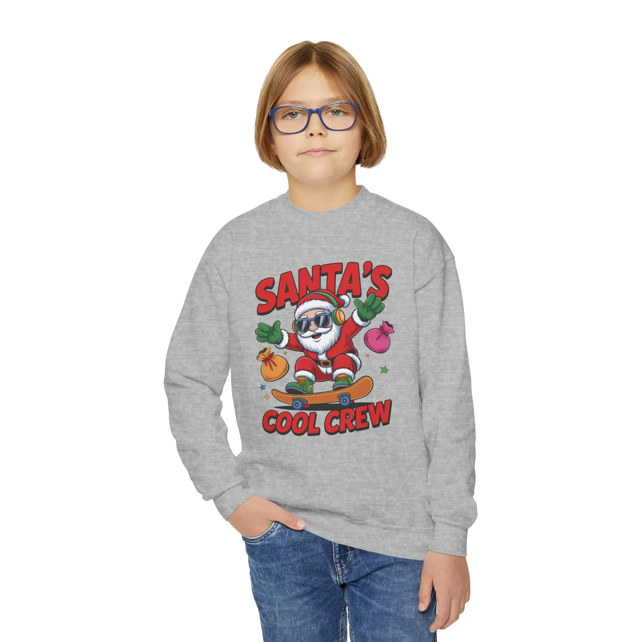 Santa's Cool Crew Youth Sweatshirt, Funny Santa Skateboard Christmas Pullover for Boys, Youth Crewneck Sweatshirt - Image 2