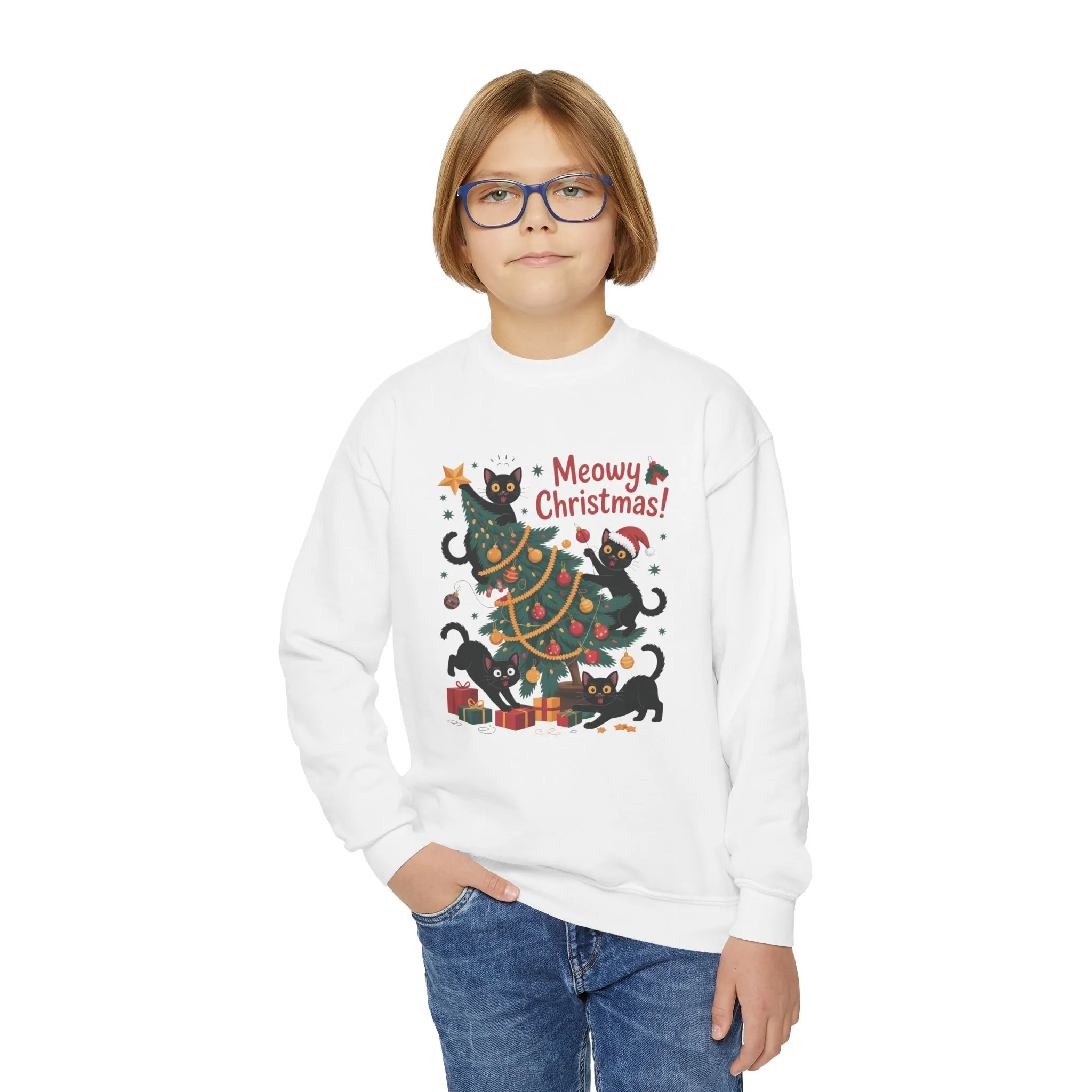 Kids Black Cats Christmas Tree Sweatshirt, Cute Funny Cat Holiday Jumper, Christmas Cat Chaos Pullover - Image 5