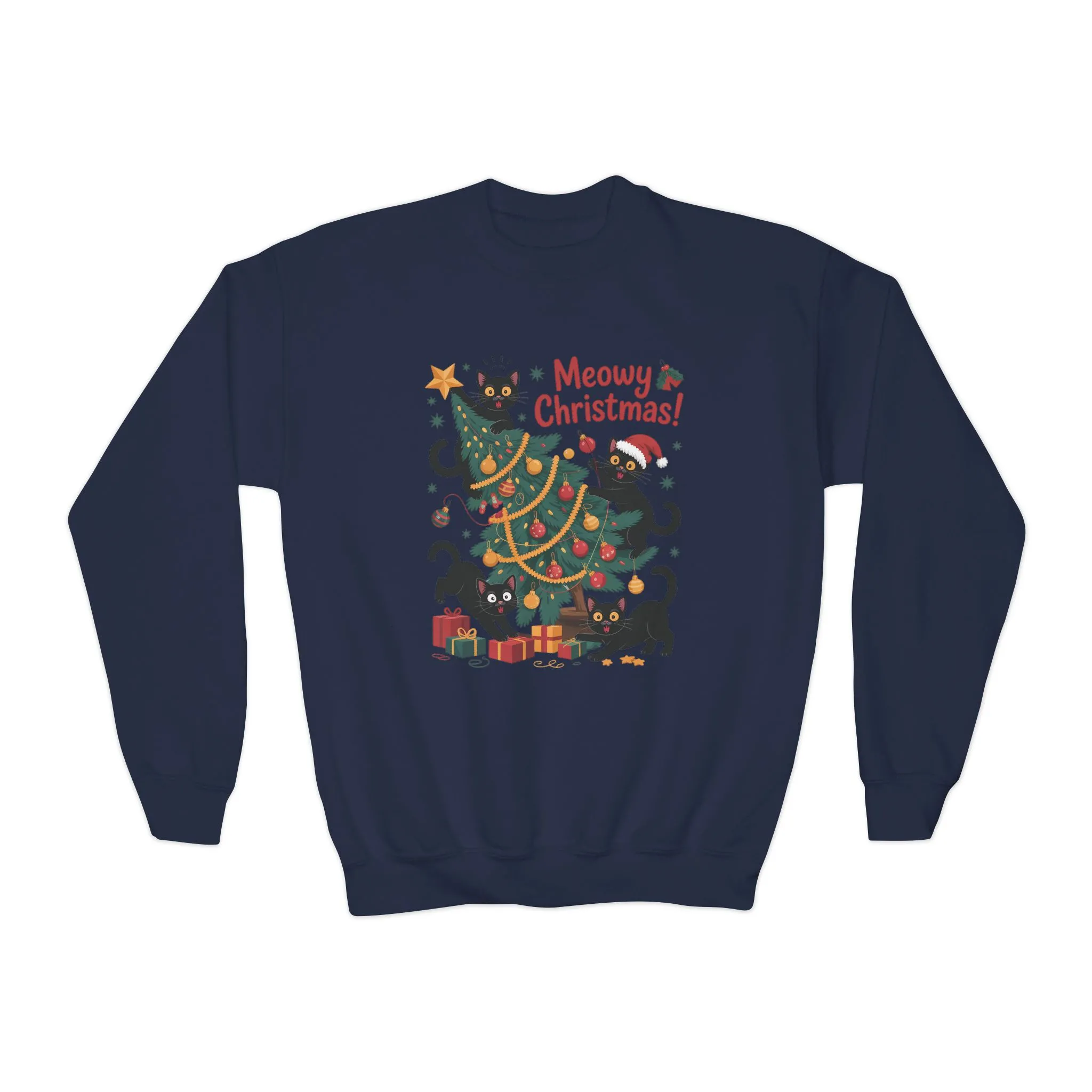 Kids Black Cats Christmas Tree Sweatshirt, Cute Funny Cat Holiday Jumper, Christmas Cat Chaos Pullover - Image 16