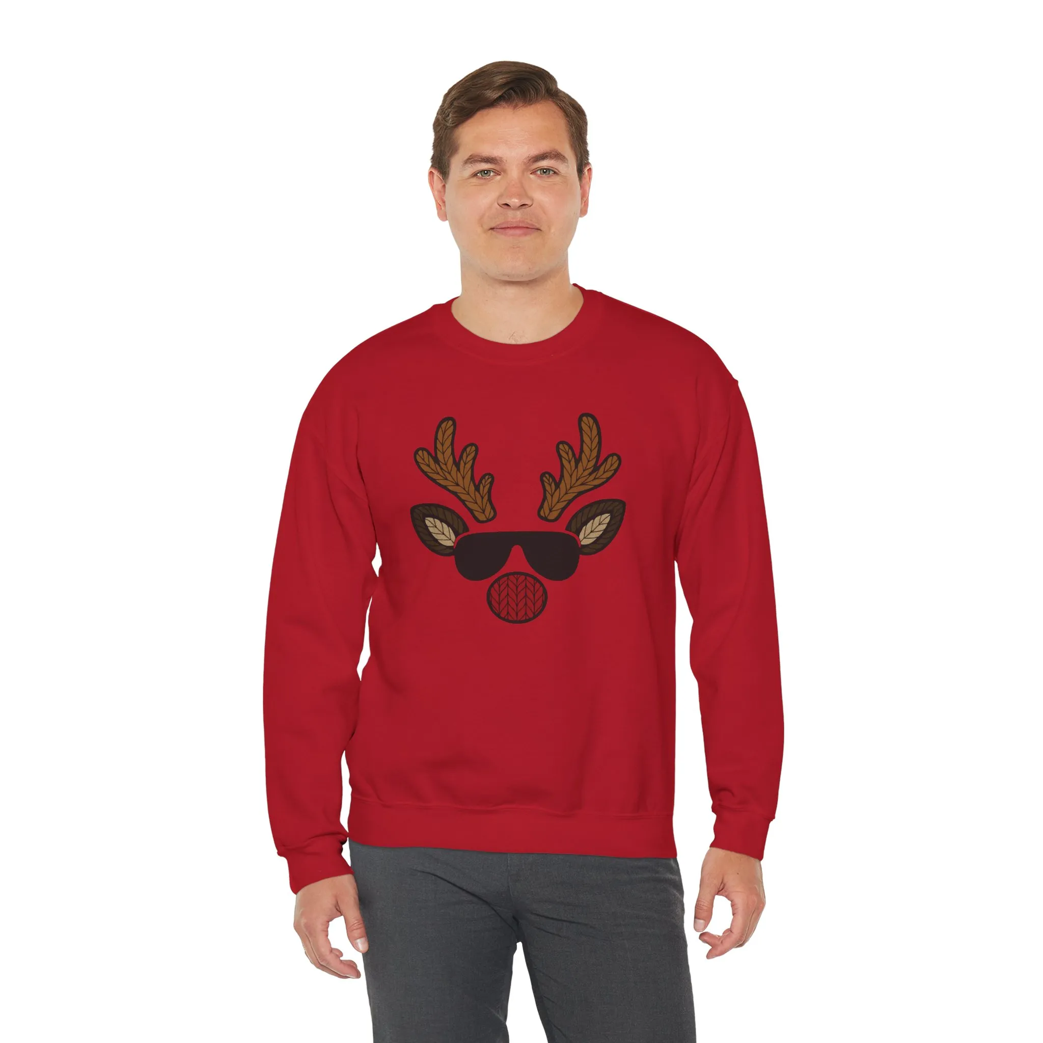 Men's Reindeer Face Christmas Sweatshirt, Classic Knitted Reindeer Design, Father-Son Matching Holiday Outfit - Image 24