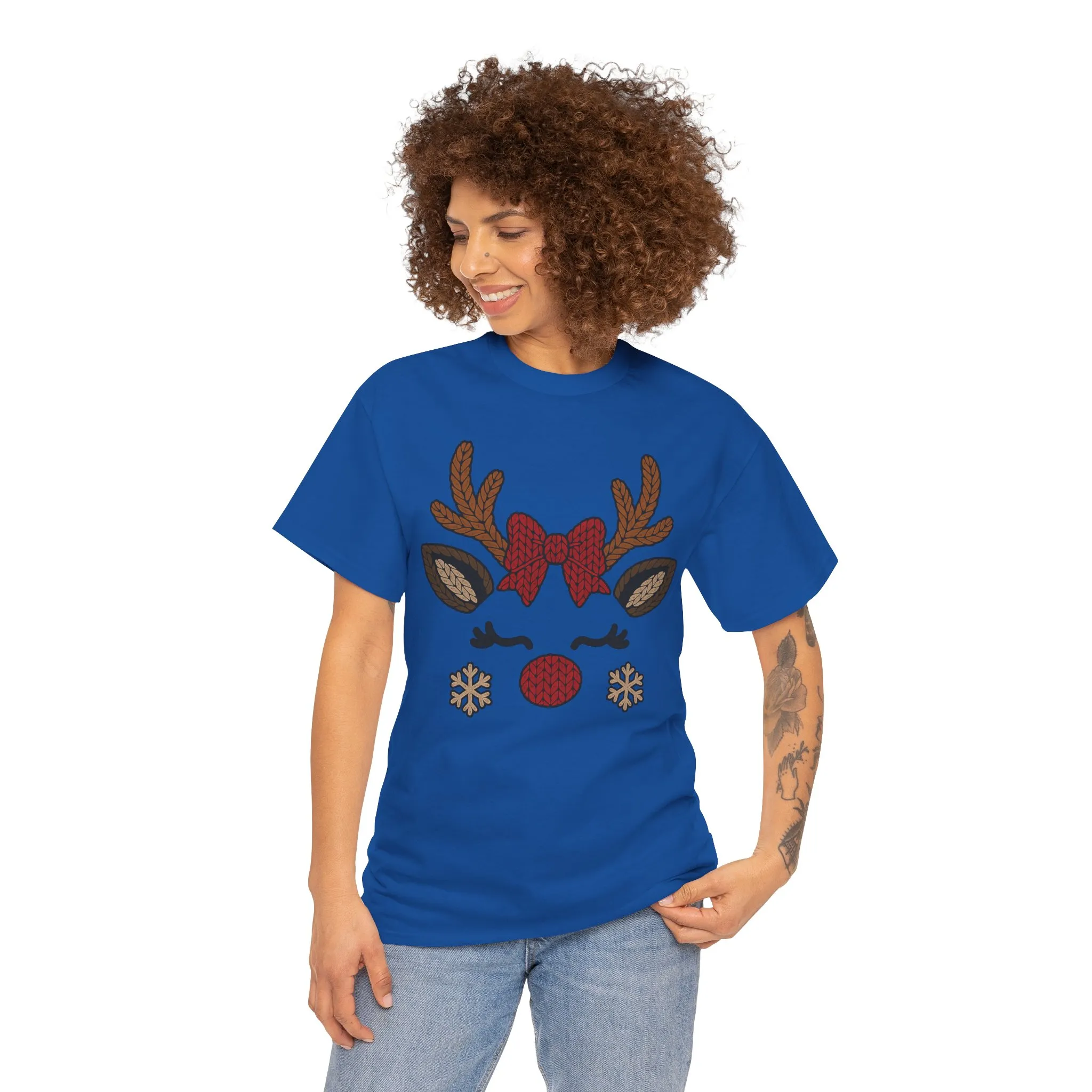 Women's Reindeer Face Christmas T-Shirt, Cute Knitted Holiday Tee, Mother-Daughter Matching Outfit - Image 17